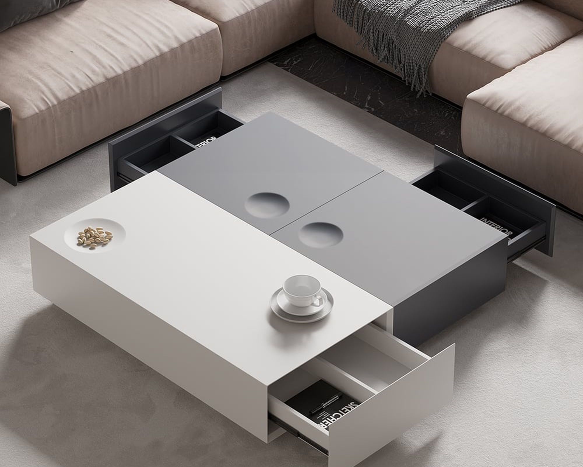 HMR - Square Coffee Table with Storage and Drawer in Gray