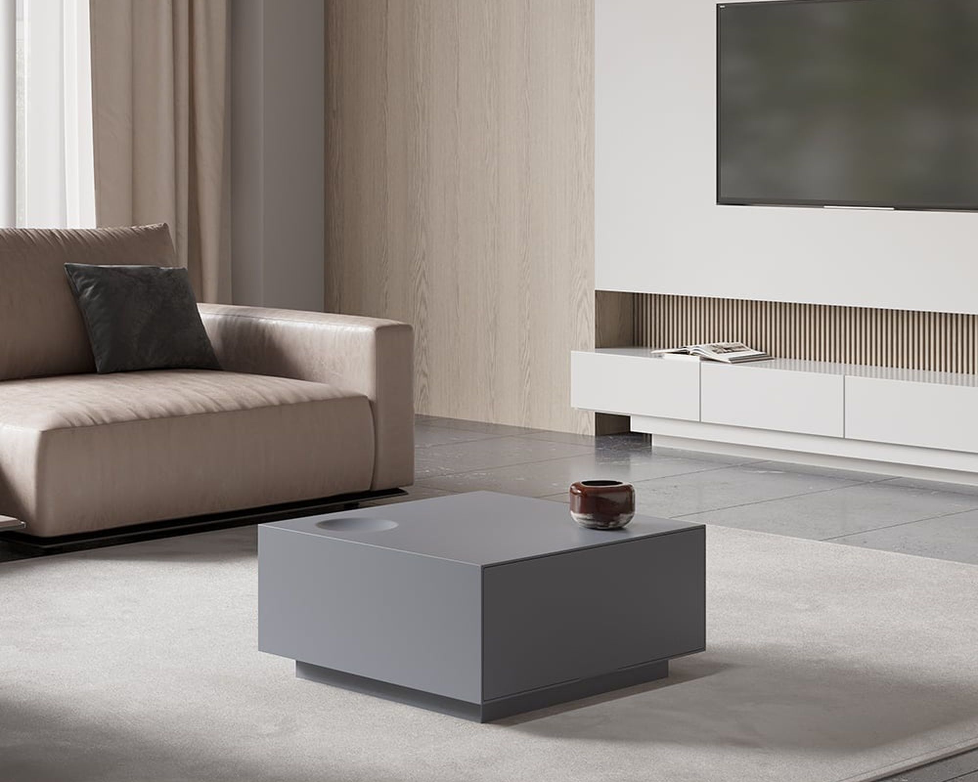 HMR - Square Coffee Table with Storage and Drawer in Gray