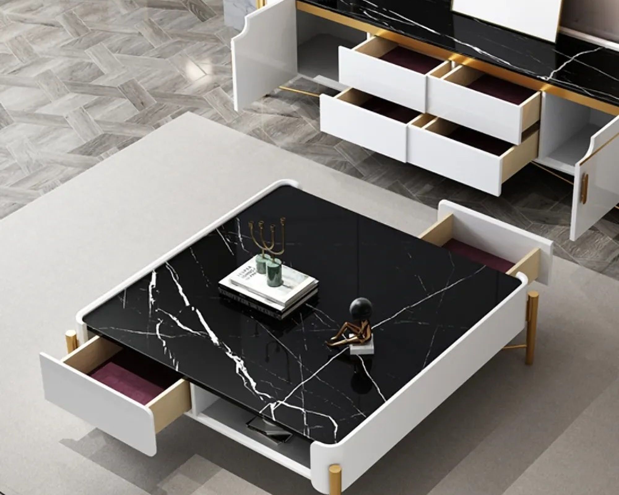 HMR - Faux Marble Square Coffee Table with Storage Gold Legs 2 Drawers and Open Shelves in White and Black