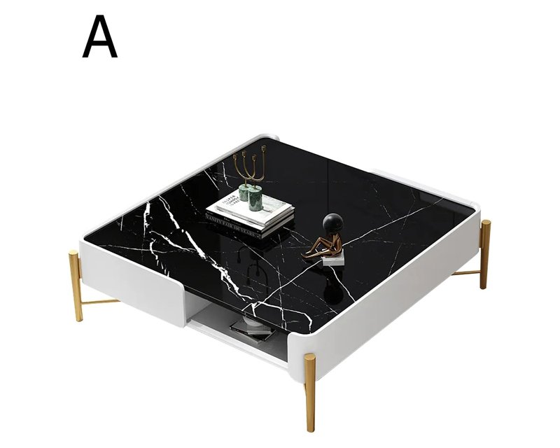 HMR - Faux Marble Square Coffee Table with Storage Gold Legs 2 Drawers and Open Shelves in White and Black