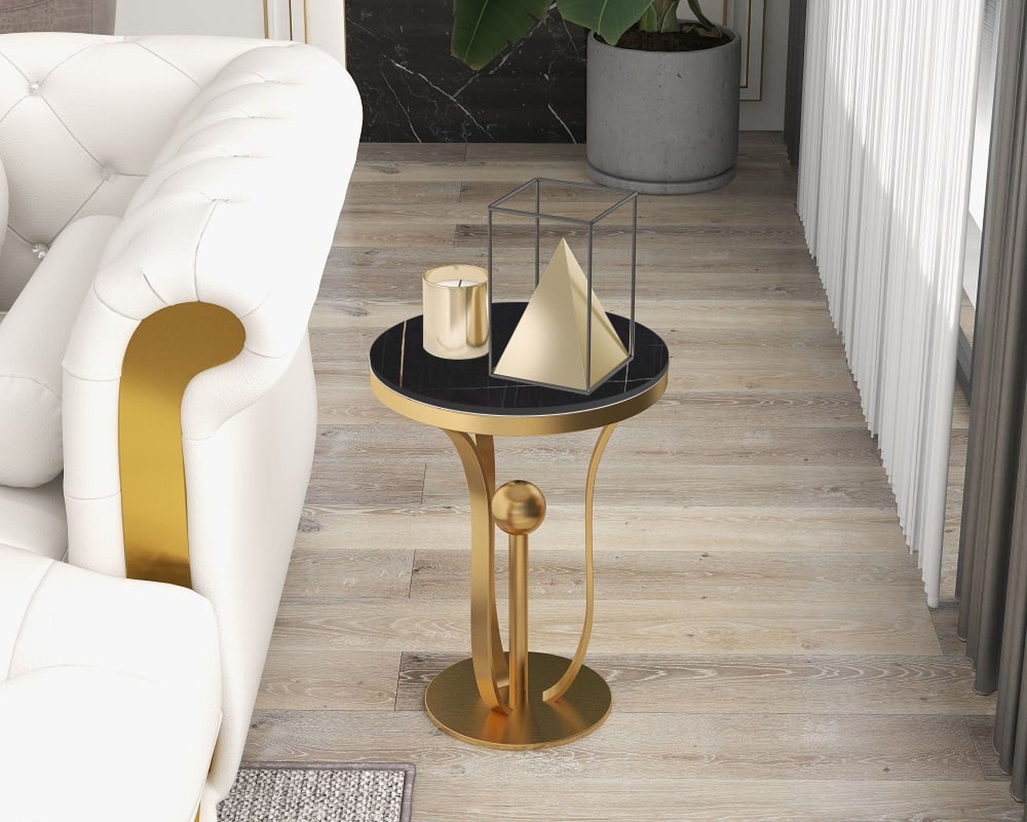 HMR Modern Round End Table with Stream-Lined Metal Pedestal - Black