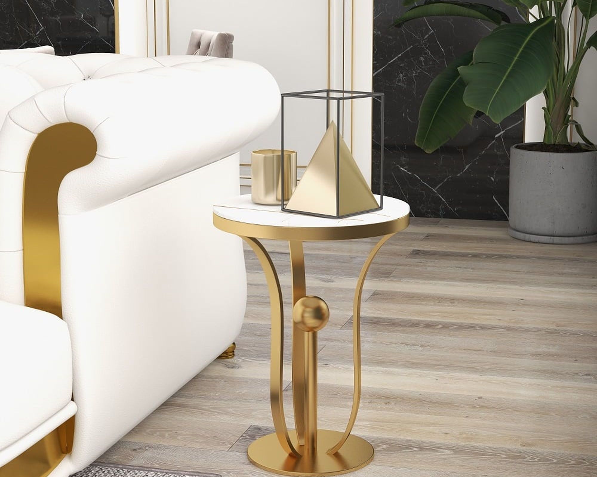 HMR Modern Round End Table with Stream-Lined Metal Pedestal - White