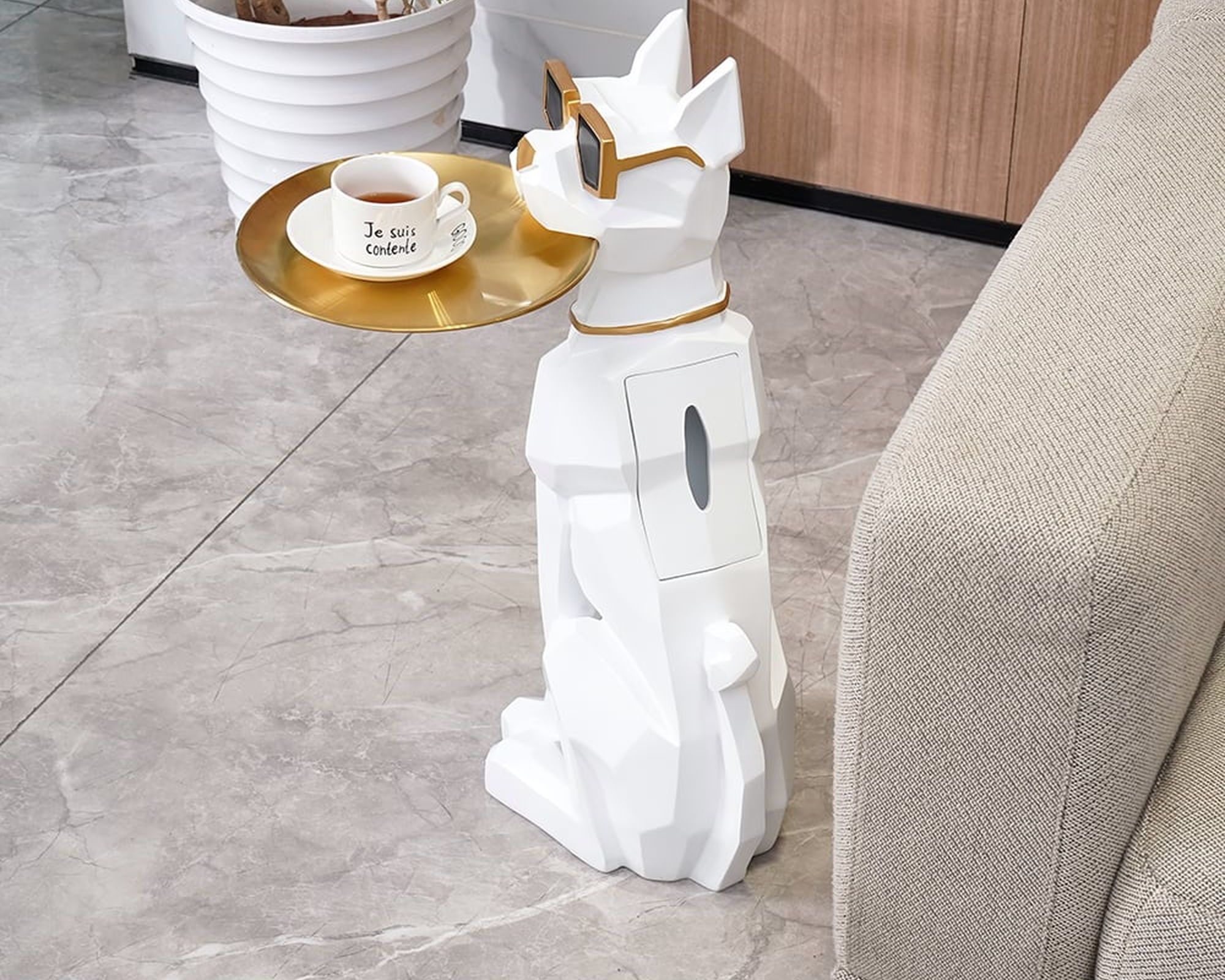 HMR Dog Sculpture Resin Side Table with Tray Top & Tissue Box - White