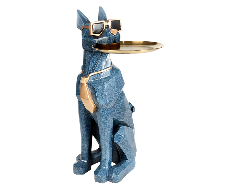 HMR Dog Sculpture Resin Side Table with Tray Top & Tissue Box - Blue