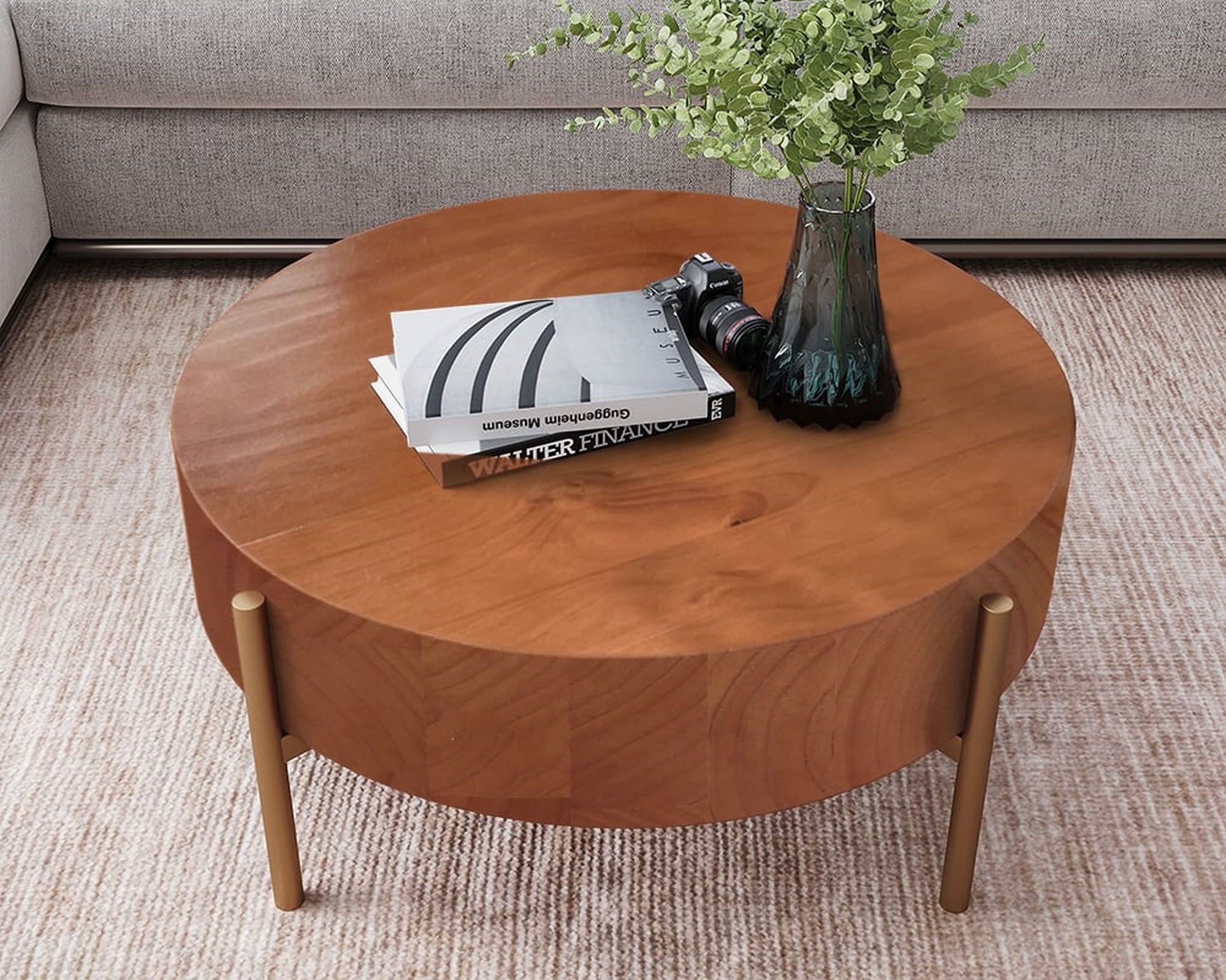 HMR - Retro Round Coffee Table with Metal Legs in Wood