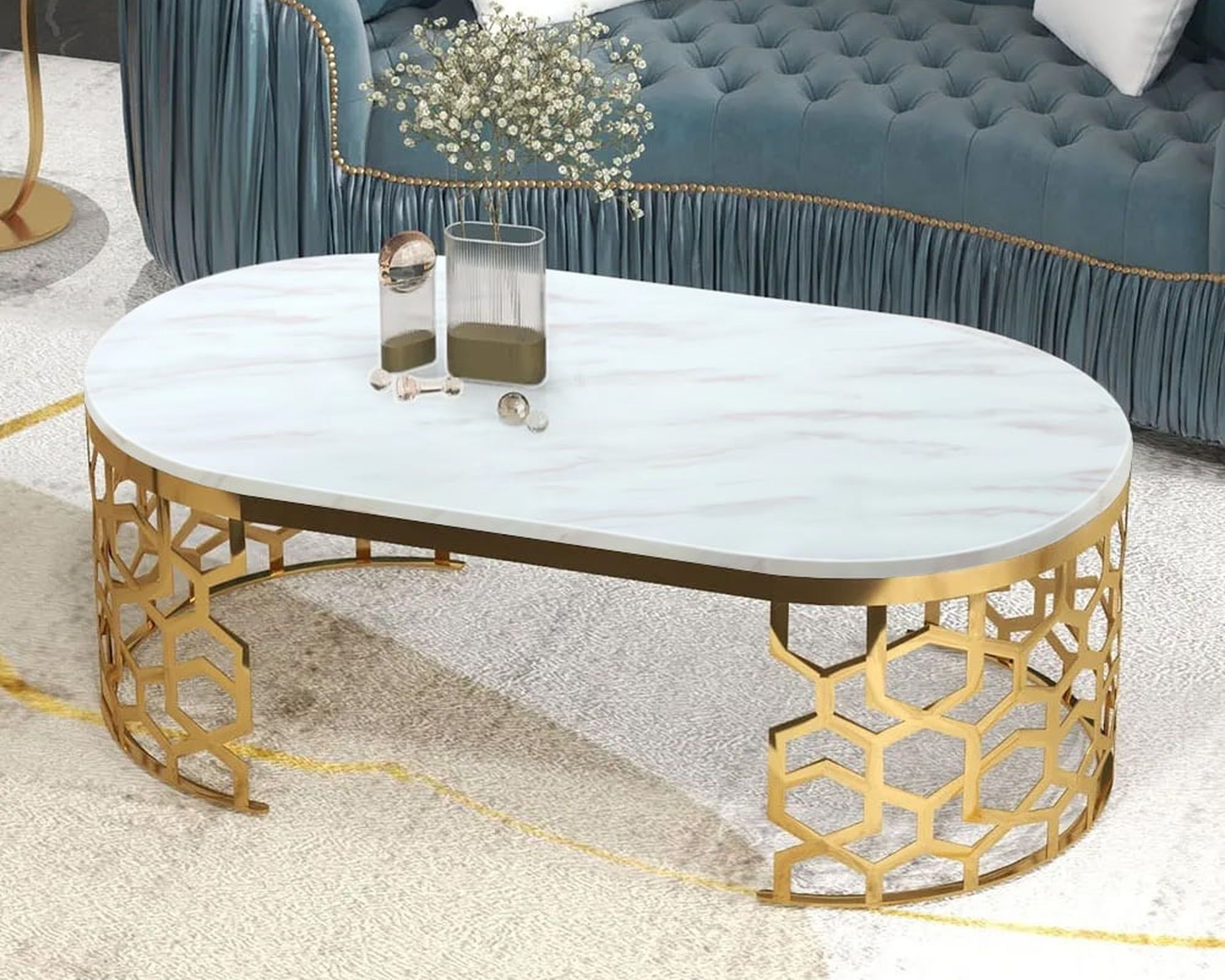 HMR - Oval Coffee Table Marble Top with Stainless Steel Frame in Gold