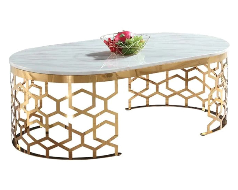 HMR - Oval Coffee Table Marble Top with Stainless Steel Frame in Gold