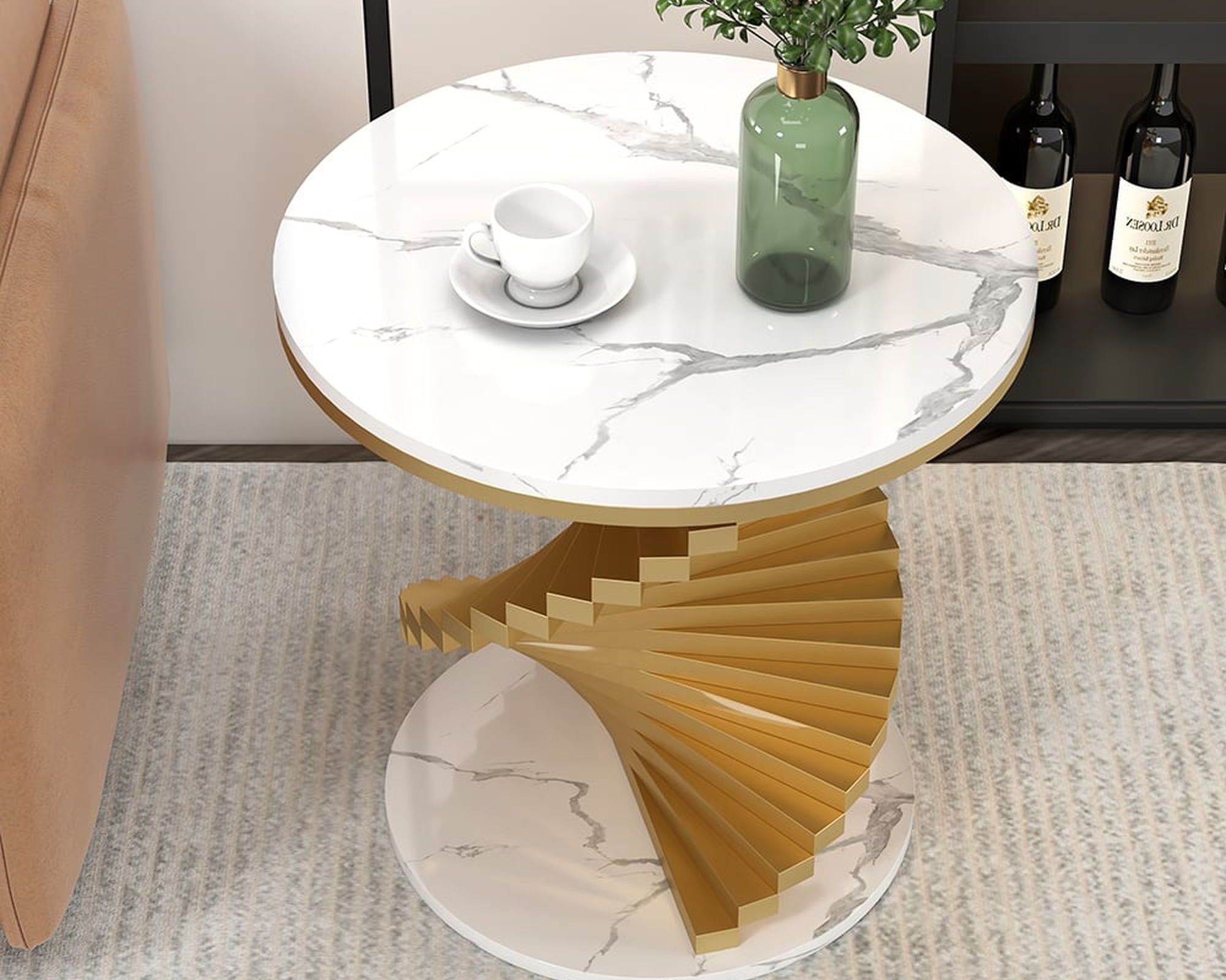 HMR Round Side Table with Metal Frame - White, Faux Marble