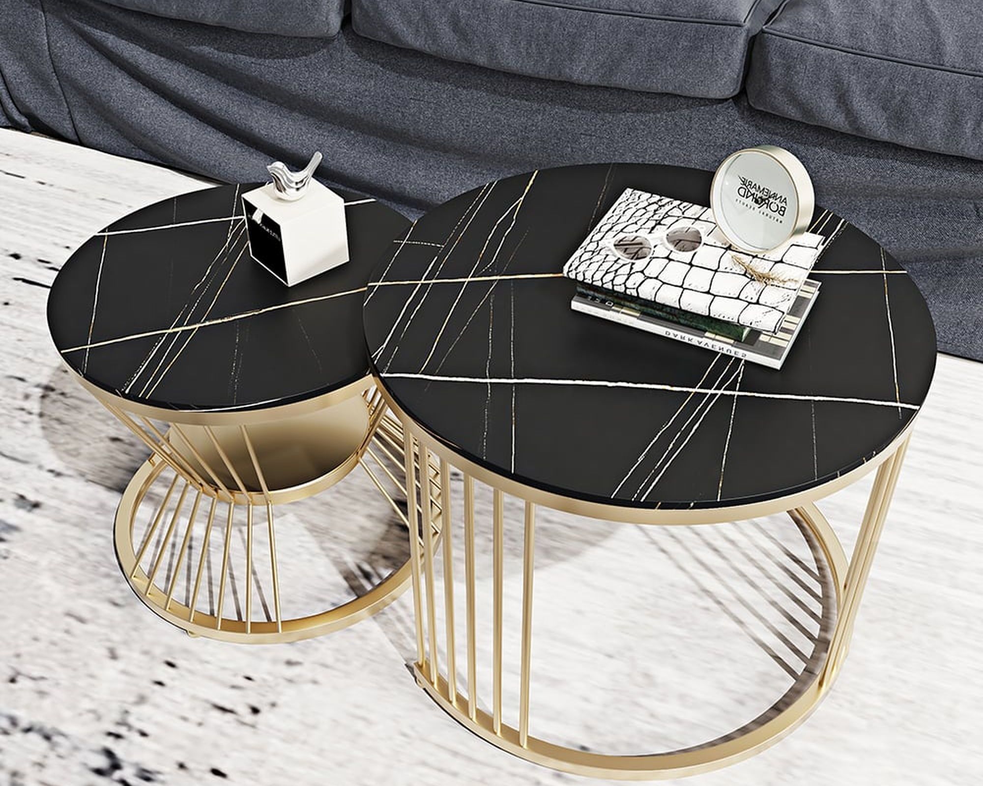 HMR Modern Nesting Coffee Table Set with Sintered Stone Top (Set of 2) - Black