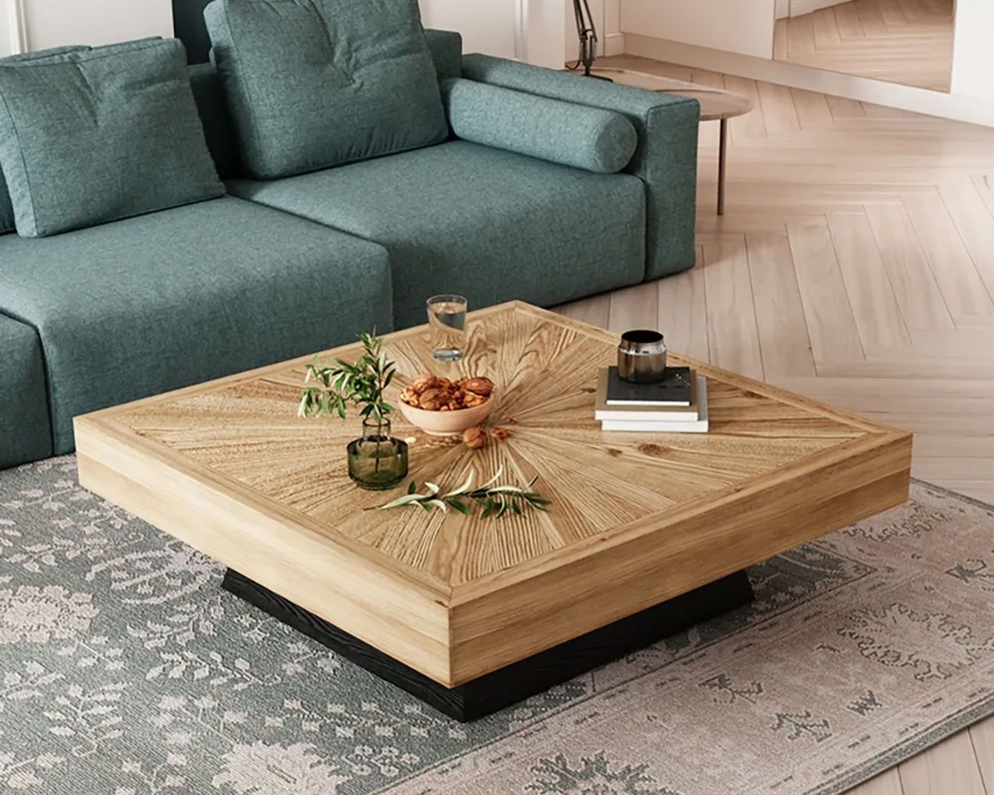 HMR - Square Coffee Table with Wooden Top in Black and Natural