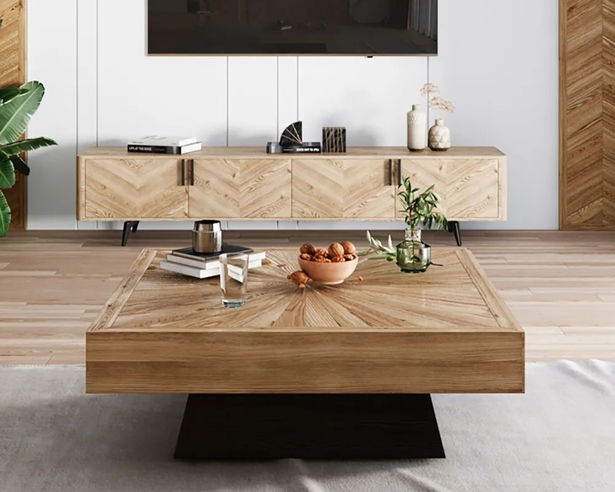 HMR - Square Coffee Table with Wooden Top in Black and Natural