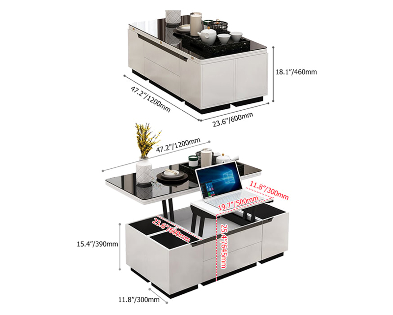 HMR Modern Lift Top Coffee Table with Drawers & Storage - Tempered Glass