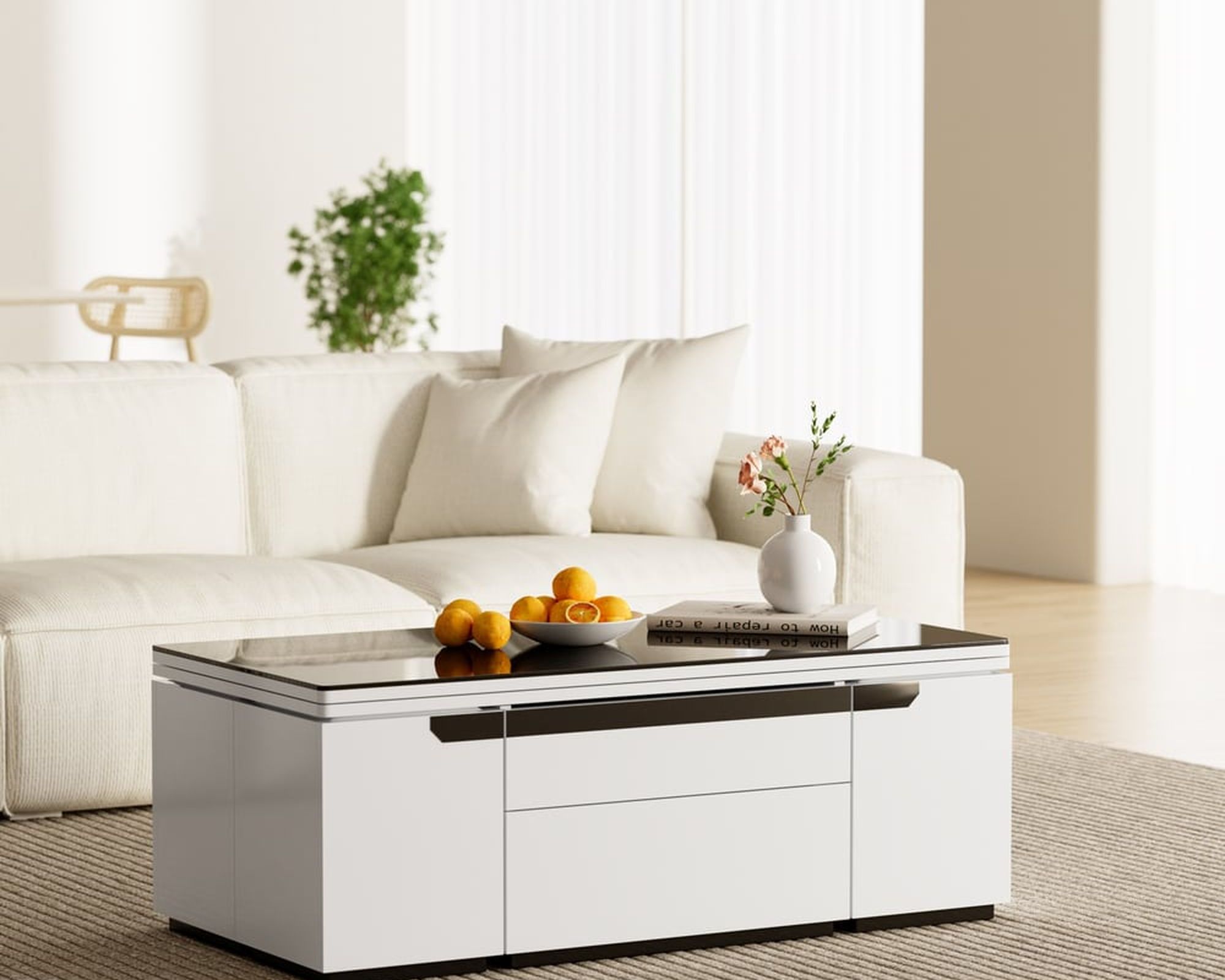 HMR Modern Lift Top Coffee Table with Drawers & Storage - Tempered Glass