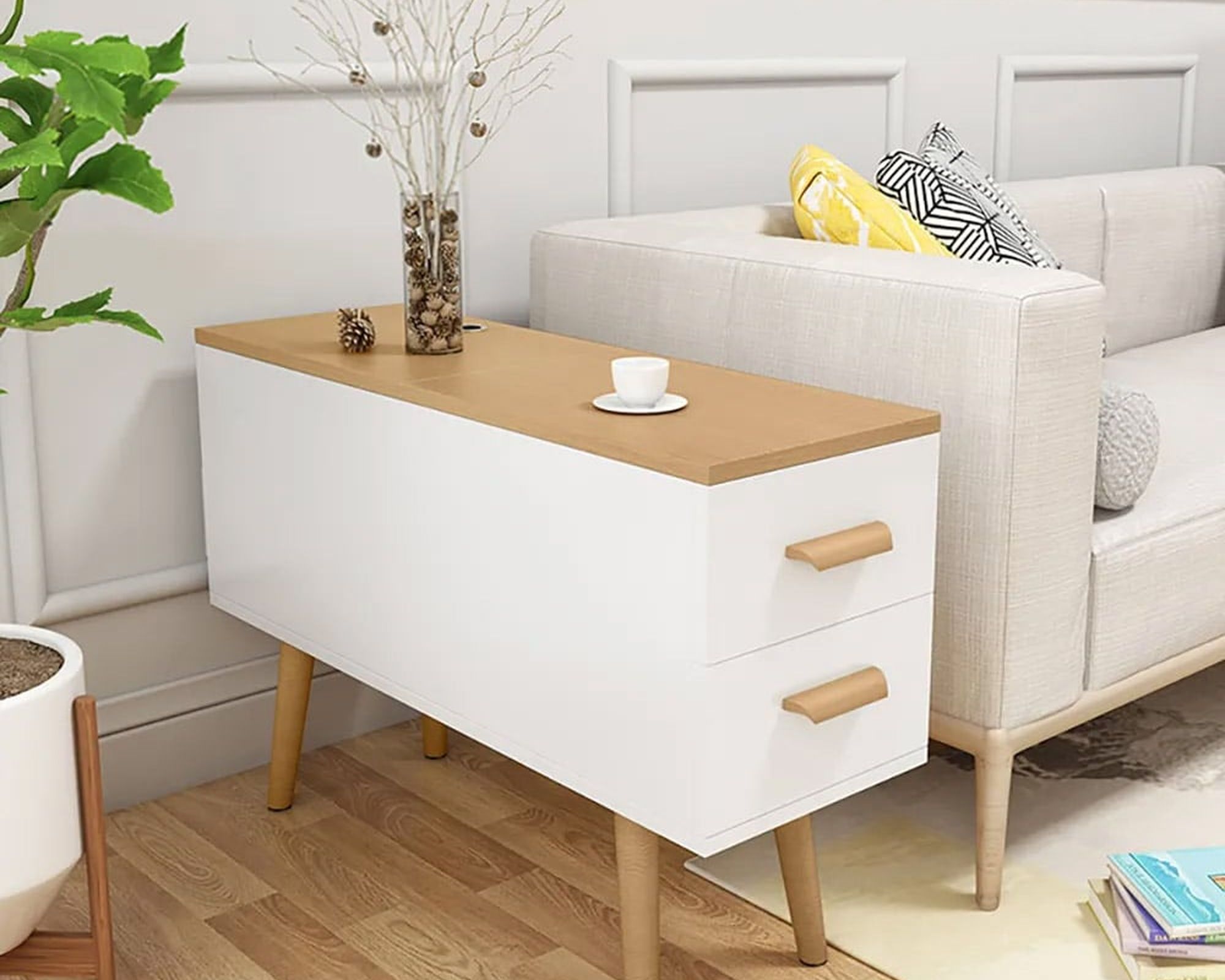 HMR Modern Rectangle End Table with Drawers - Natural