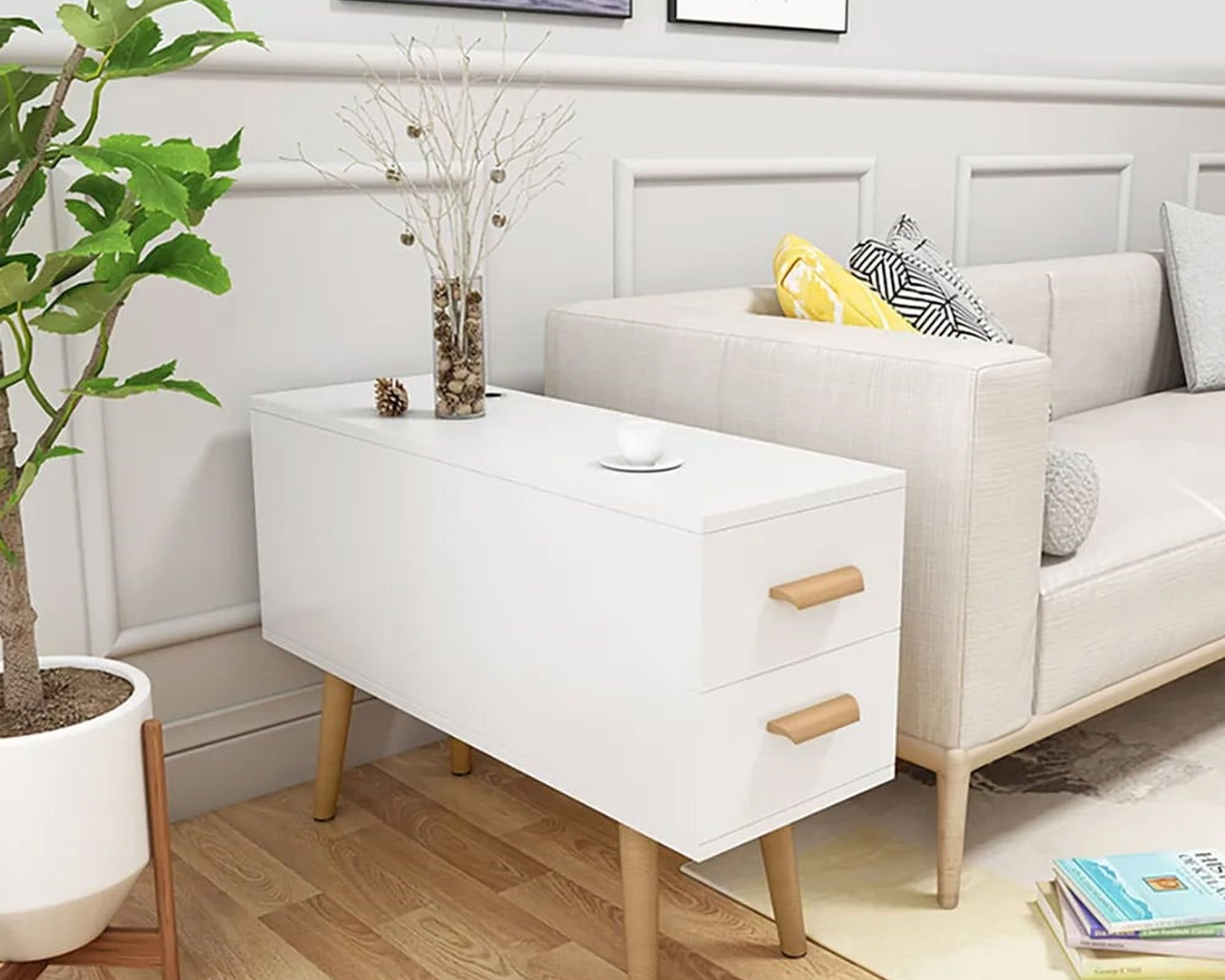 HMR Modern Rectangle End Table with Drawers - White