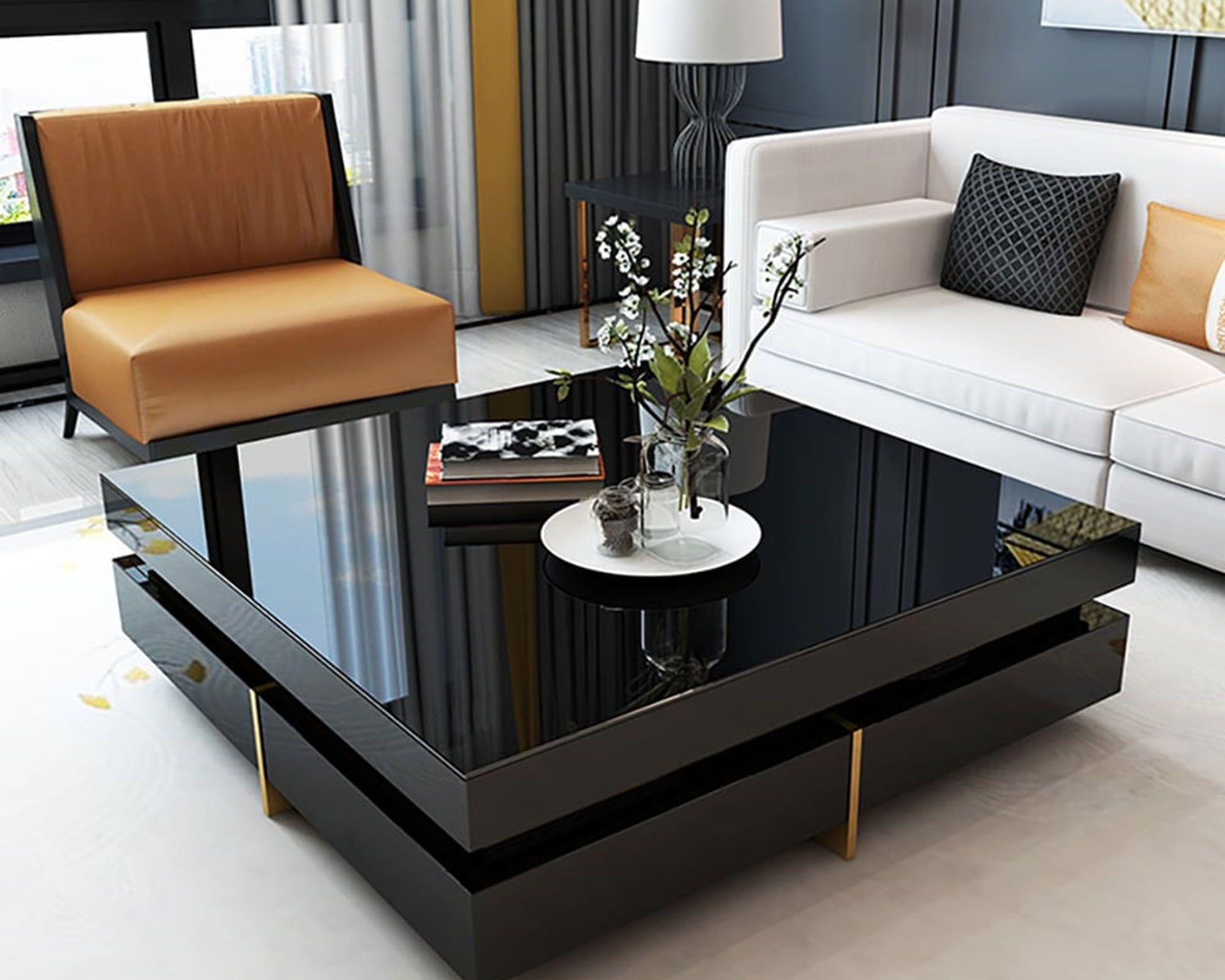 HMR Modern Square Coffee Table with Drawers