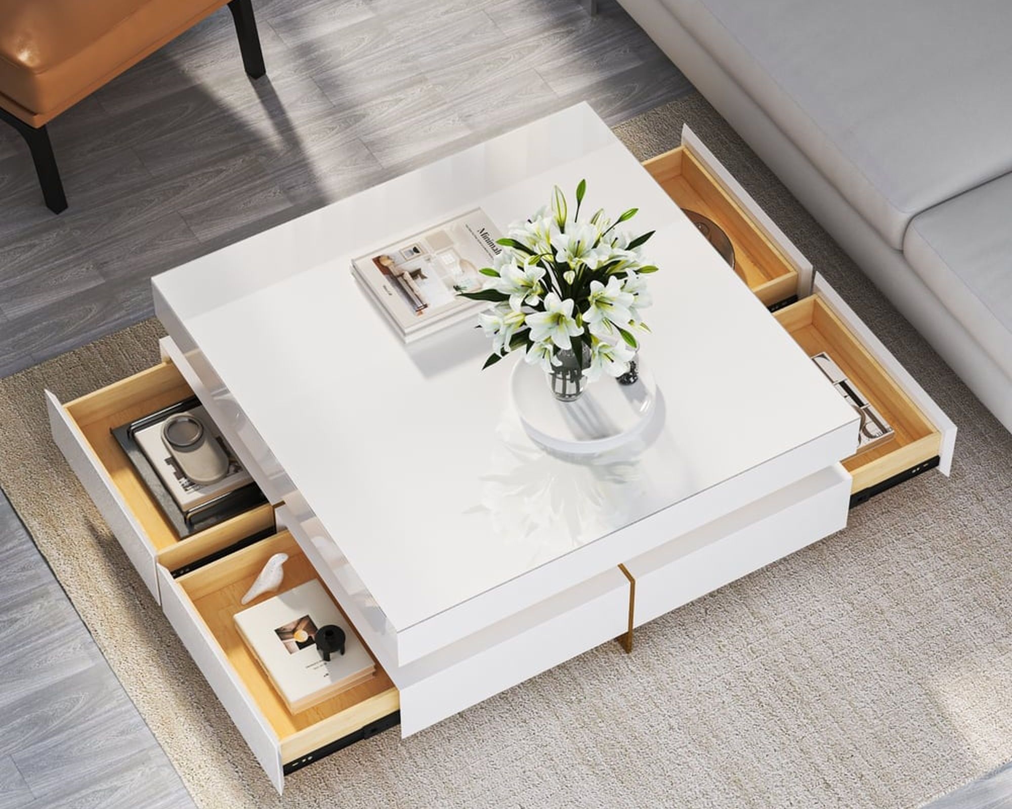 HMR Modern Square Coffee Table with Drawers - White, Tempered Glass