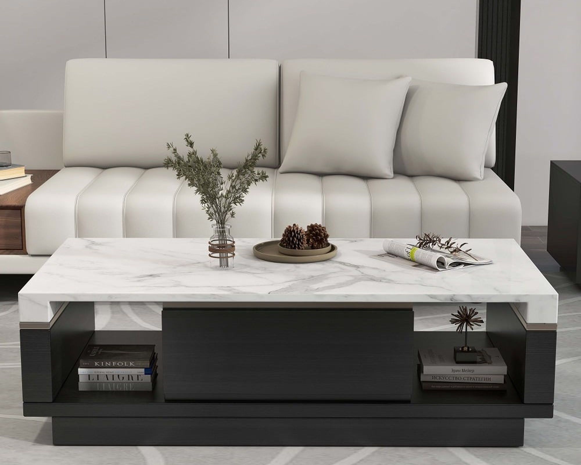 HMR - Marble Coffee Table with Storage and Drawers in Black and White