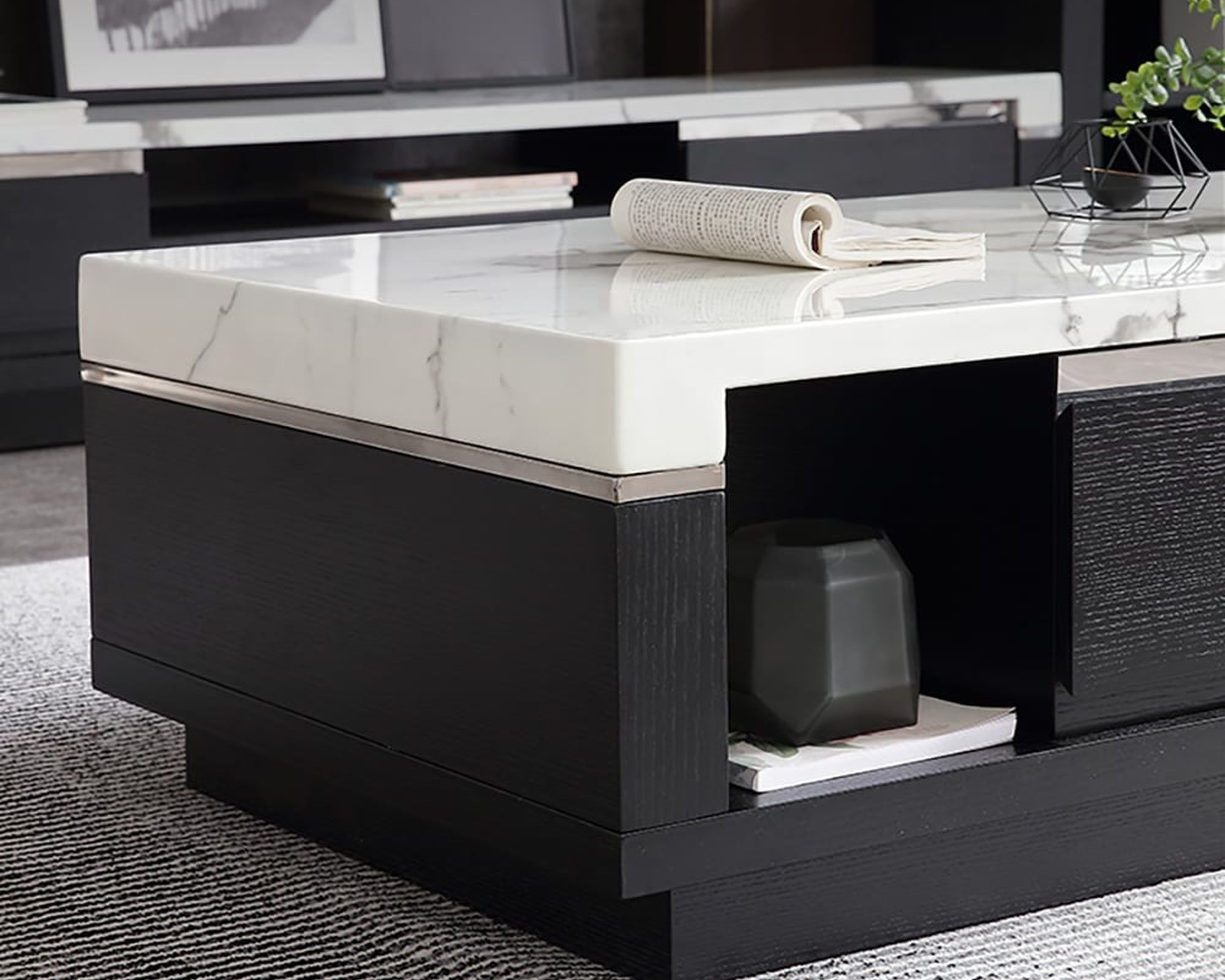 HMR - Marble Coffee Table with Storage and Drawers in Black and White