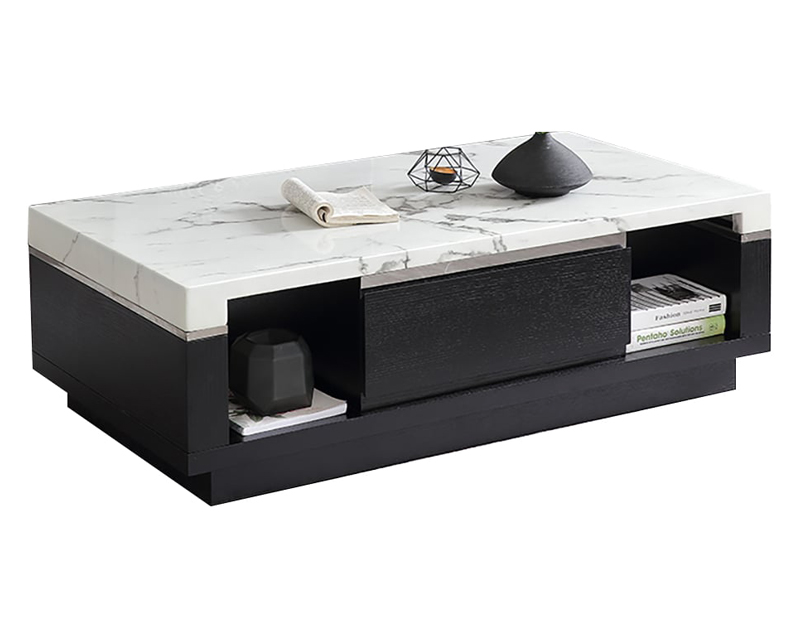 HMR - Marble Coffee Table with Storage and Drawers in Black and White