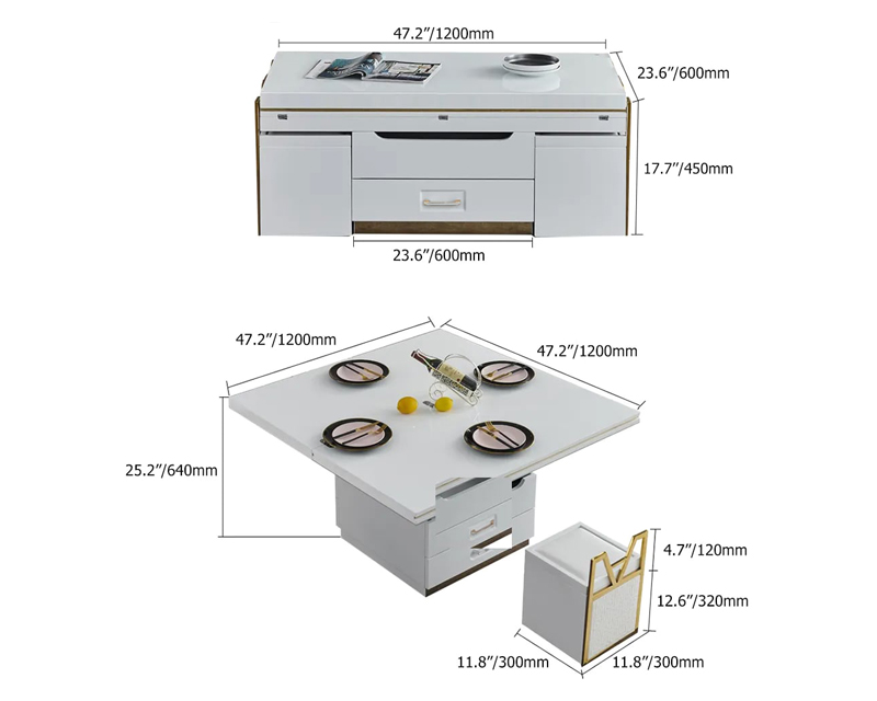 HMR - Modern Lift Top Coffee Table Set with Storage and Stools Extendable Accent Table in White