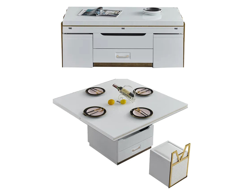 HMR - Modern Lift Top Coffee Table Set with Storage and Stools Extendable Accent Table in White