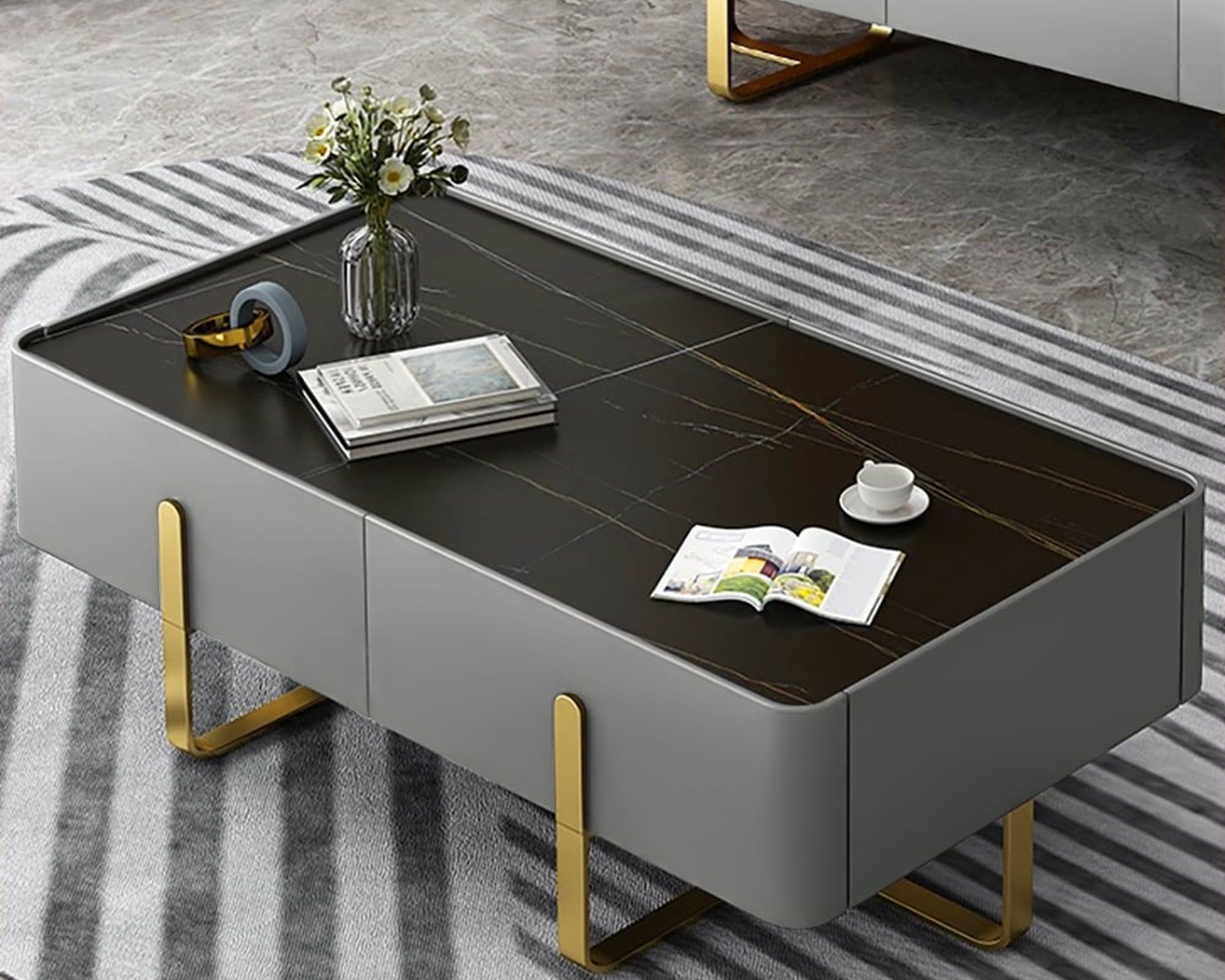 HMR - Storage Coffee Table with Sintered Stone Top and Stainless Steel in Black and Gold