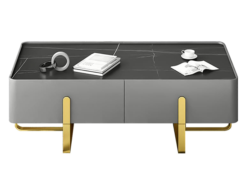 HMR - Storage Coffee Table with Sintered Stone Top and Stainless Steel in Black and Gold