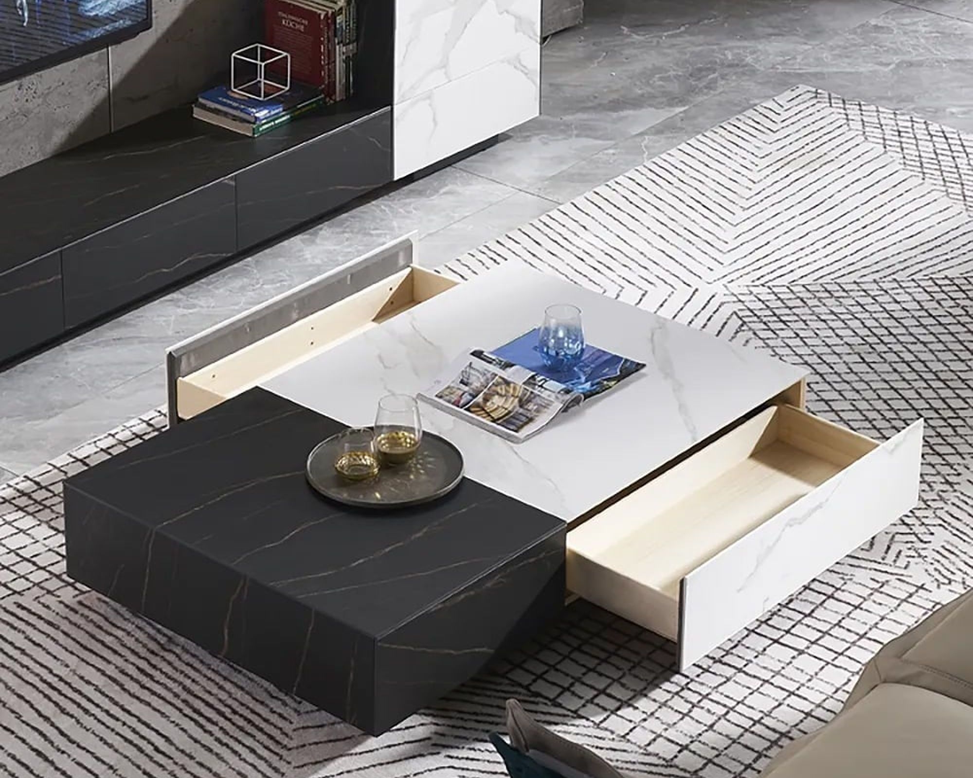 HMR - Coffee Table with Storage Rectangle Sintered Stone Top and Wood Drawers in Black and White