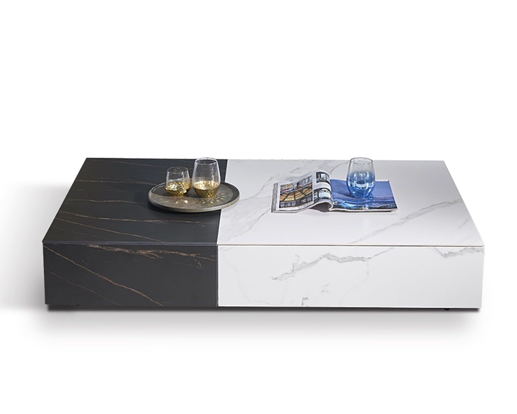 HMR - Coffee Table with Storage Rectangle Sintered Stone Top and Wood Drawers in Black and White