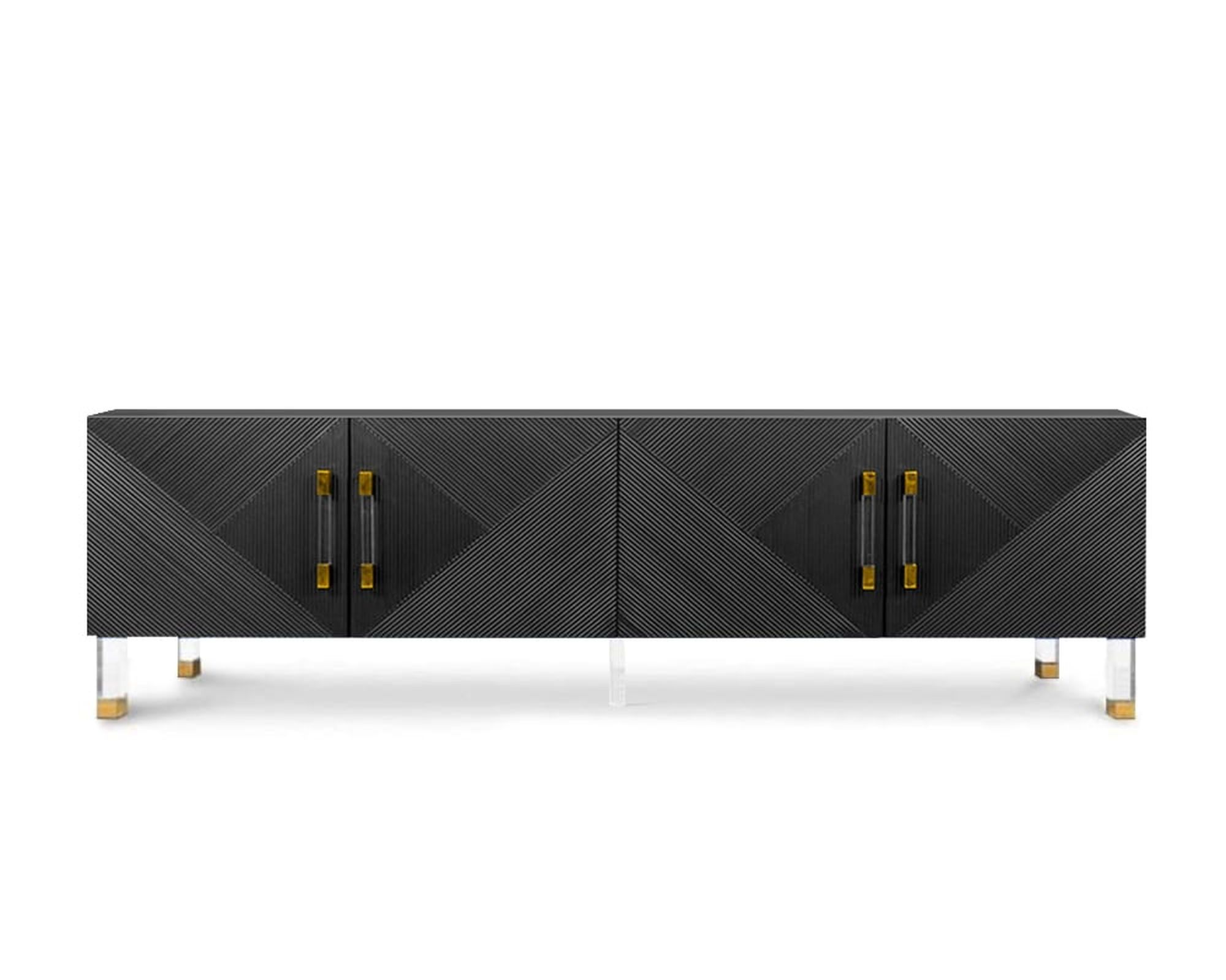 HMR Modern TV Stand with 4 Doors - Black, Wood/Acrylic