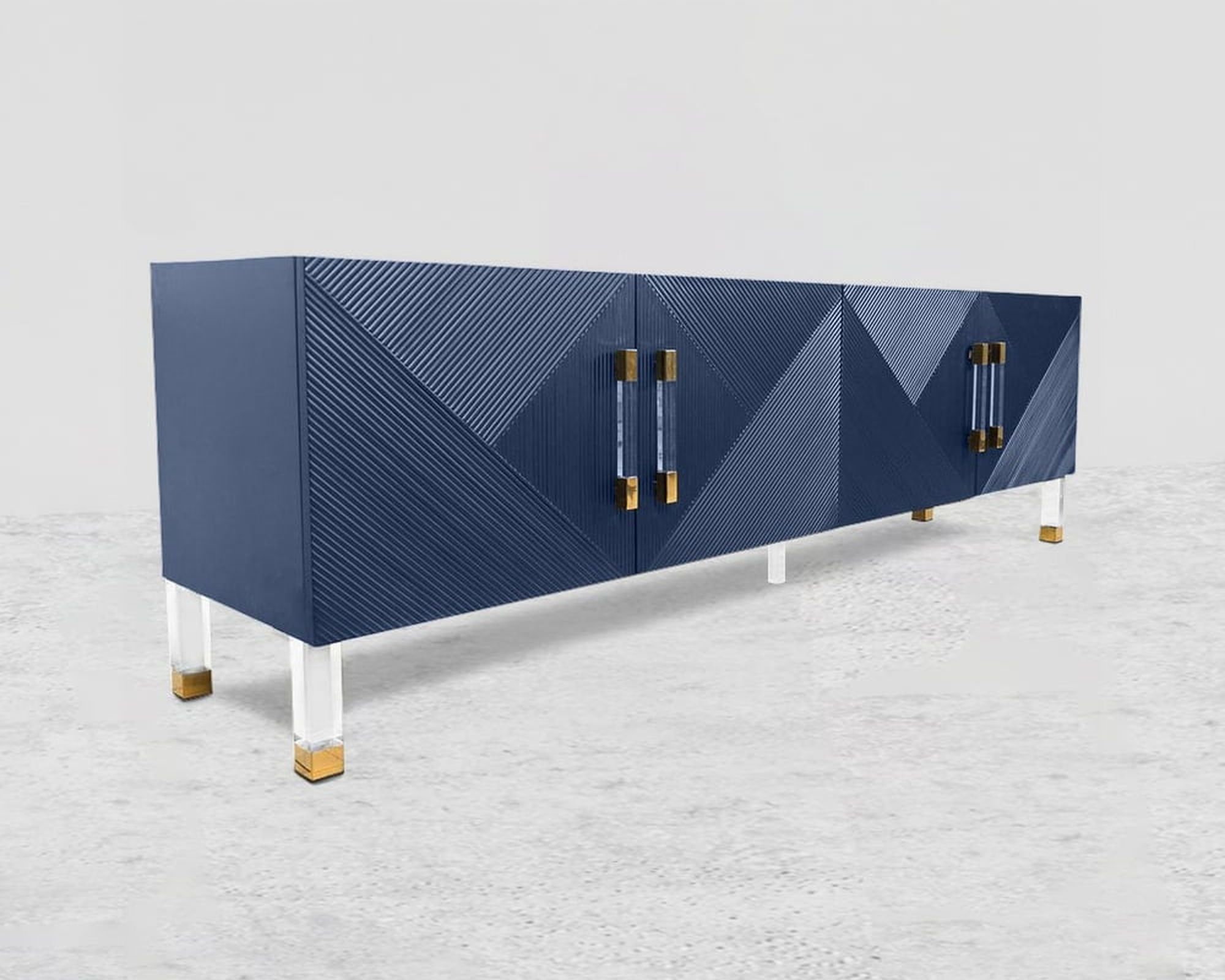 HMR Modern TV Stand with 4 Doors - Blue, Wood/Acrylic