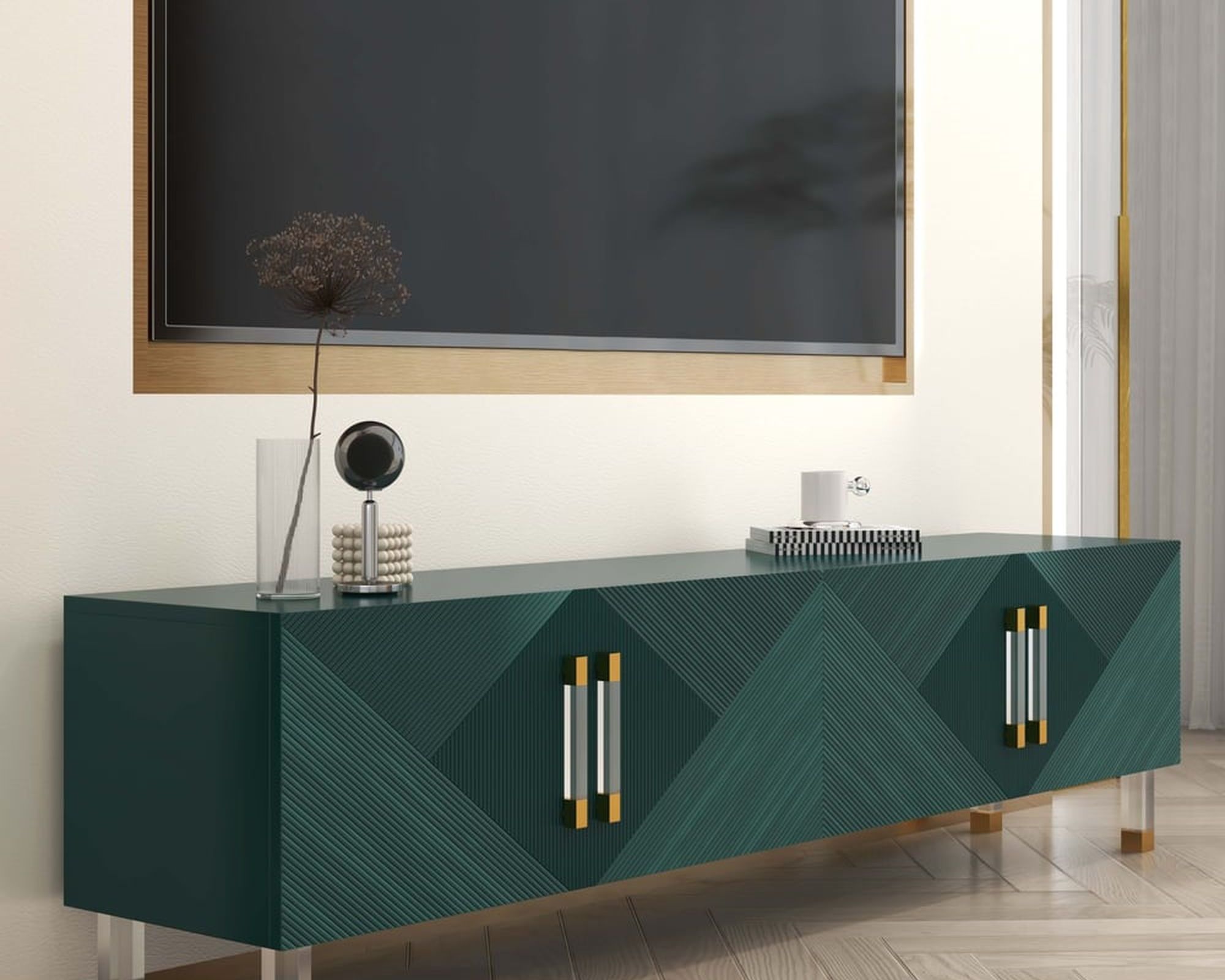 HMR Modern TV Stand with 4 Doors - Green, Wood/Acrylic