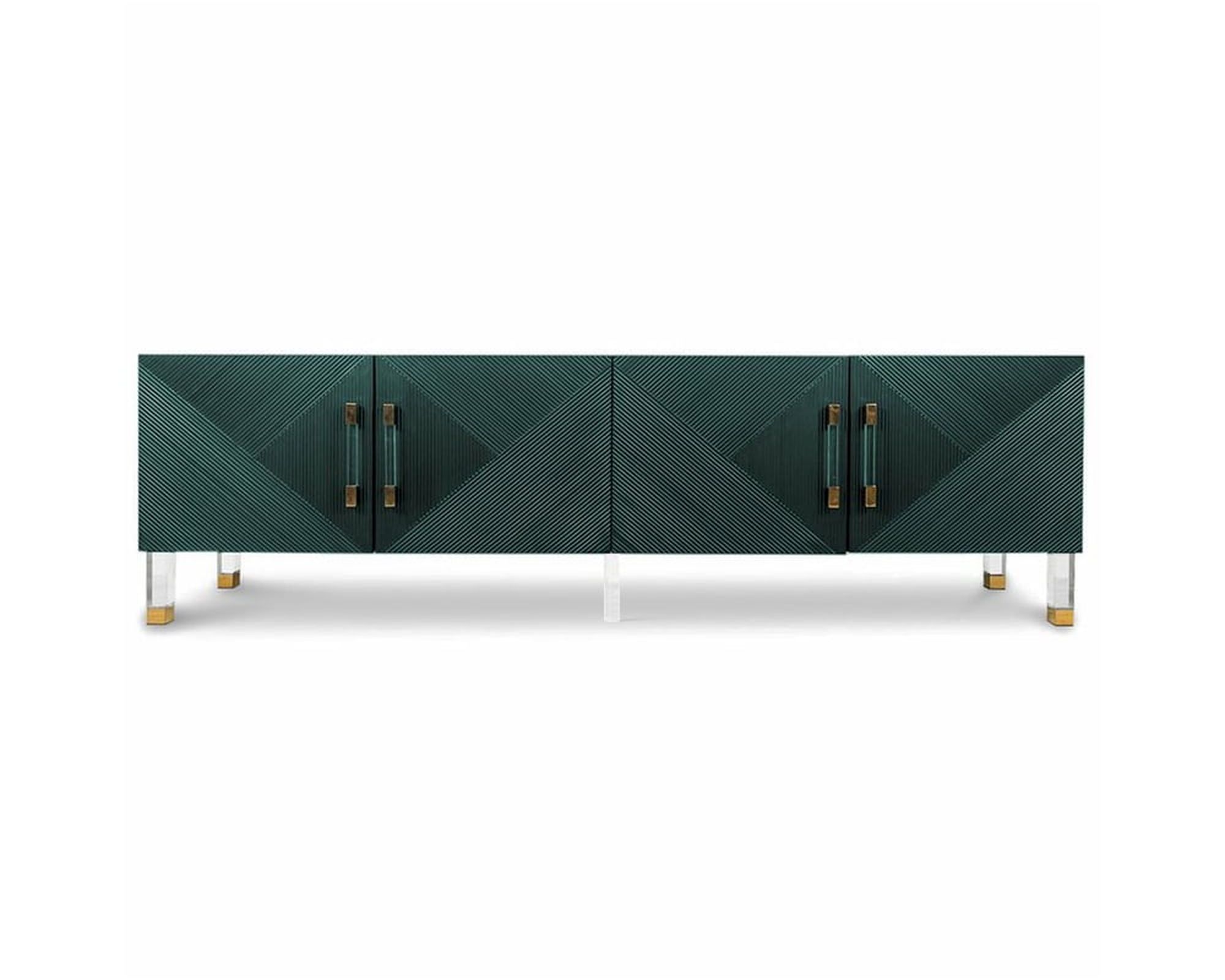 HMR Modern TV Stand with 4 Doors - Green, Wood/Acrylic