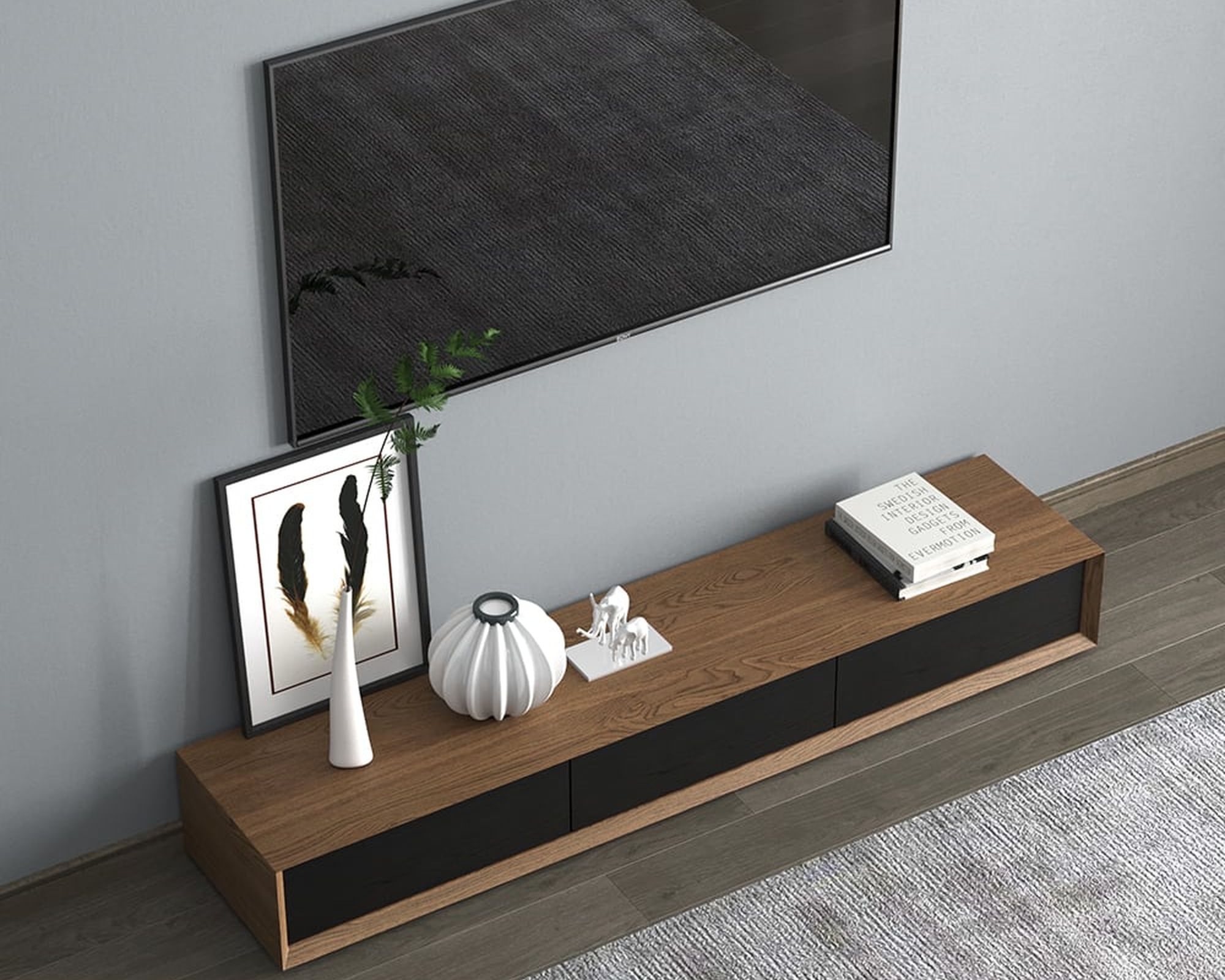 HMR Modern TV Stand Rectangle Media TV Console with Drawers - Black & Walnut, 71"