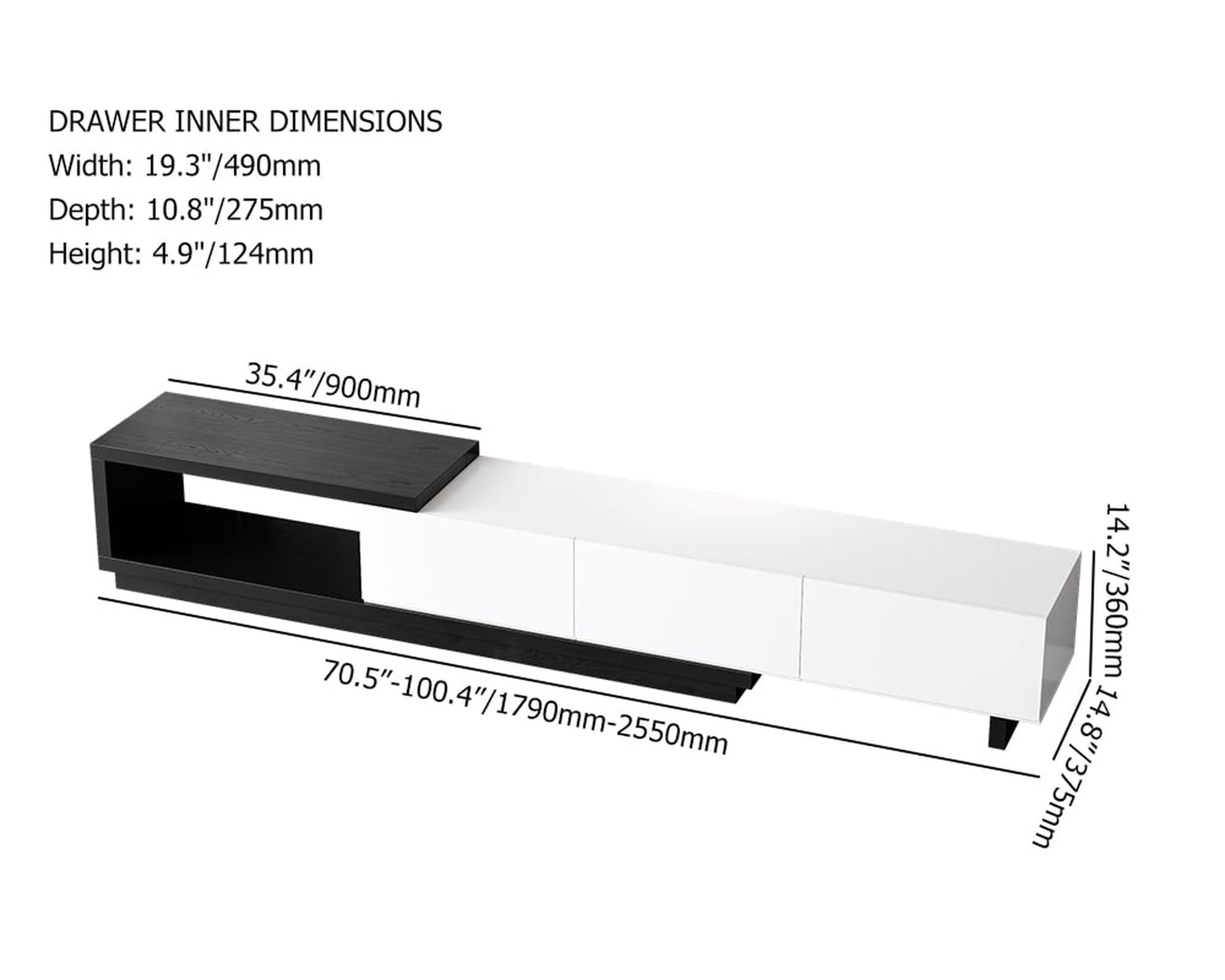 HMR Quoint Extendable TV Stand with 3 Drawers (71"-100") - White & Black, MDF