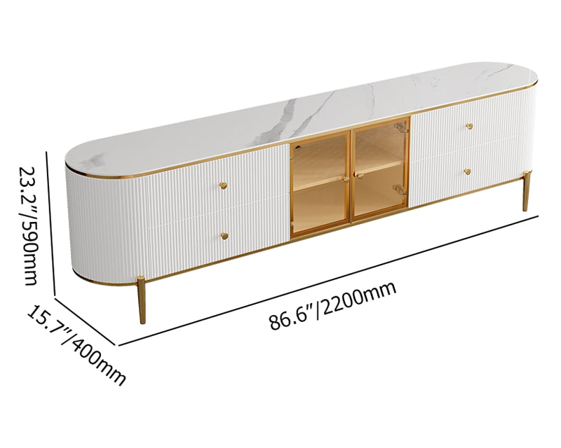 HMR Yelly Series Modern 87" TV Stand with Marble Top & Tempered Glass - White