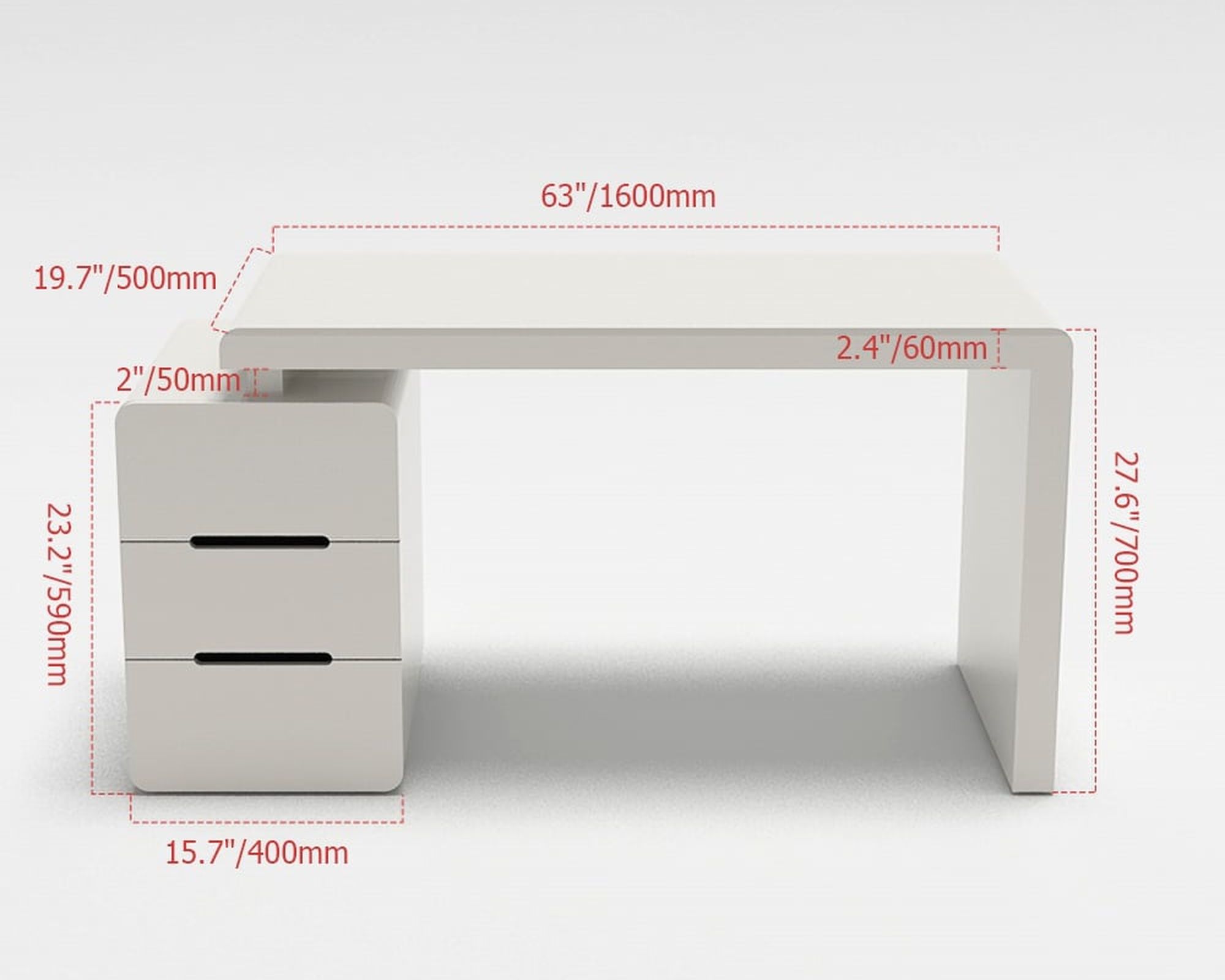 HMR Mular 3-Drawer Writing Desk with 3 Drawers Office Furniture - White, 63"L x 19.7"W x 27.6"H