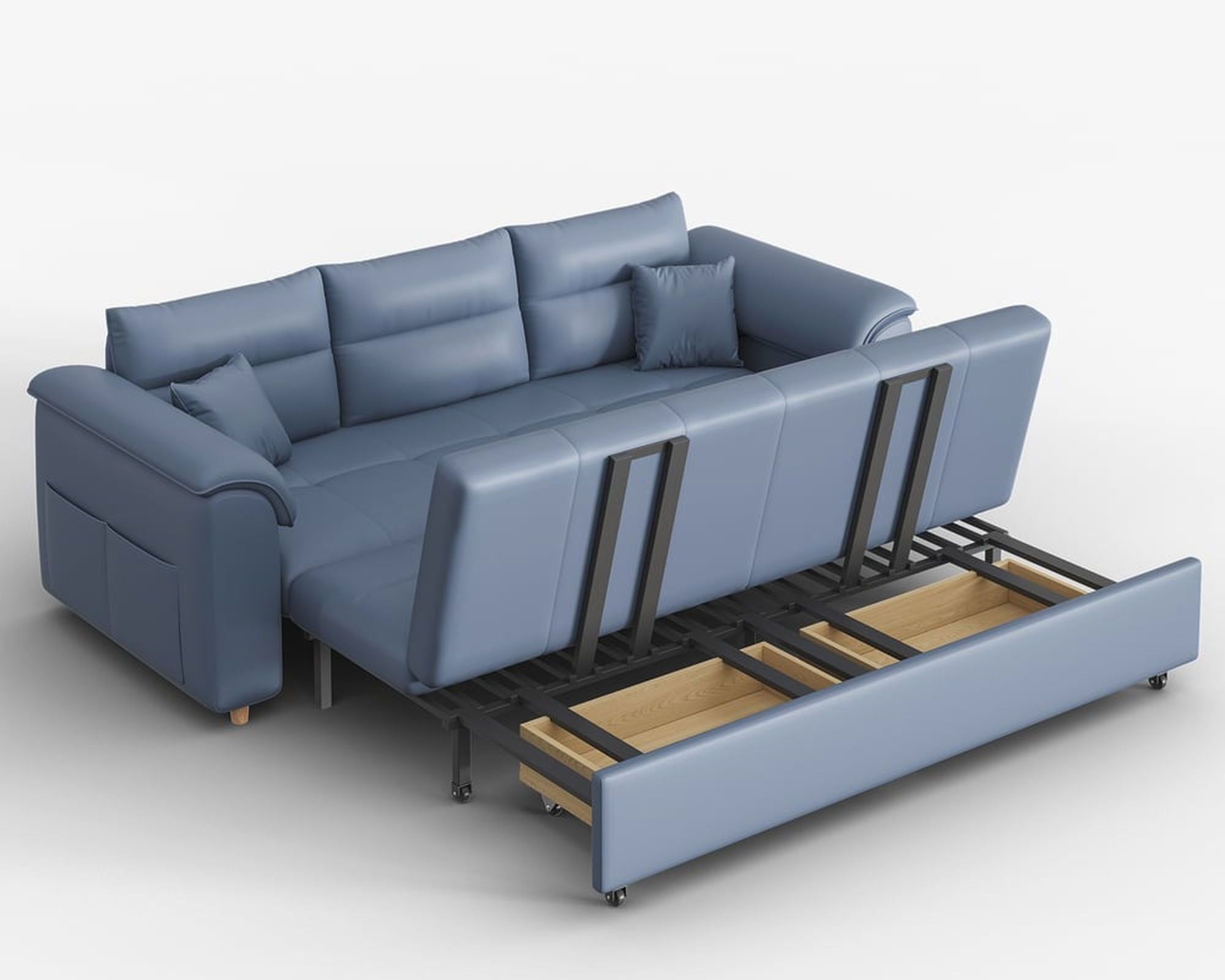 HMR Queen 2-Seater Sleeper Sofa - Blue, Leath-aire