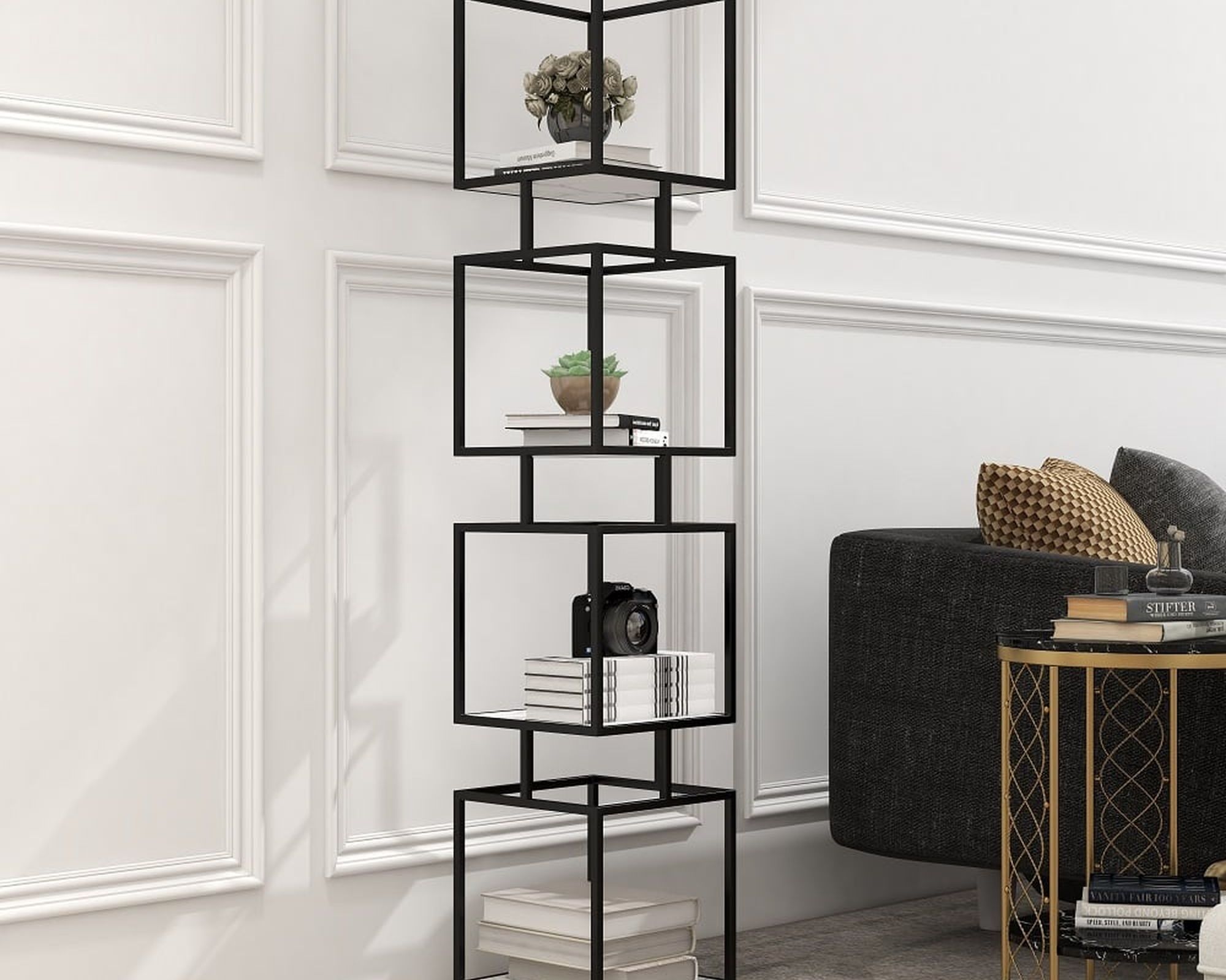 HMR Modern Cube 4-Tier Bookcase with Metal Tower Display - Black