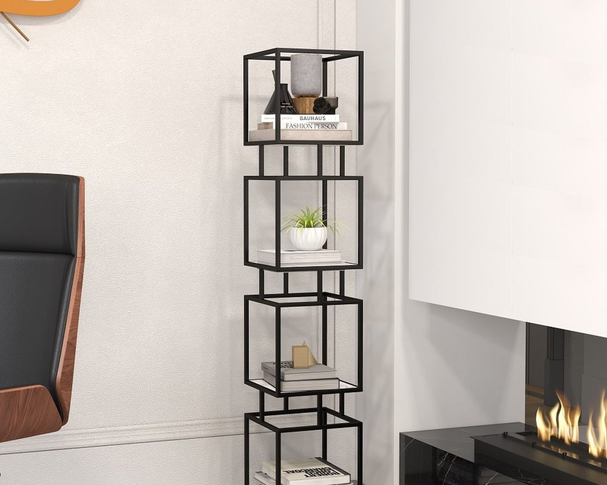 HMR Modern Cube 4-Tier Bookcase with Metal Tower Display - Black