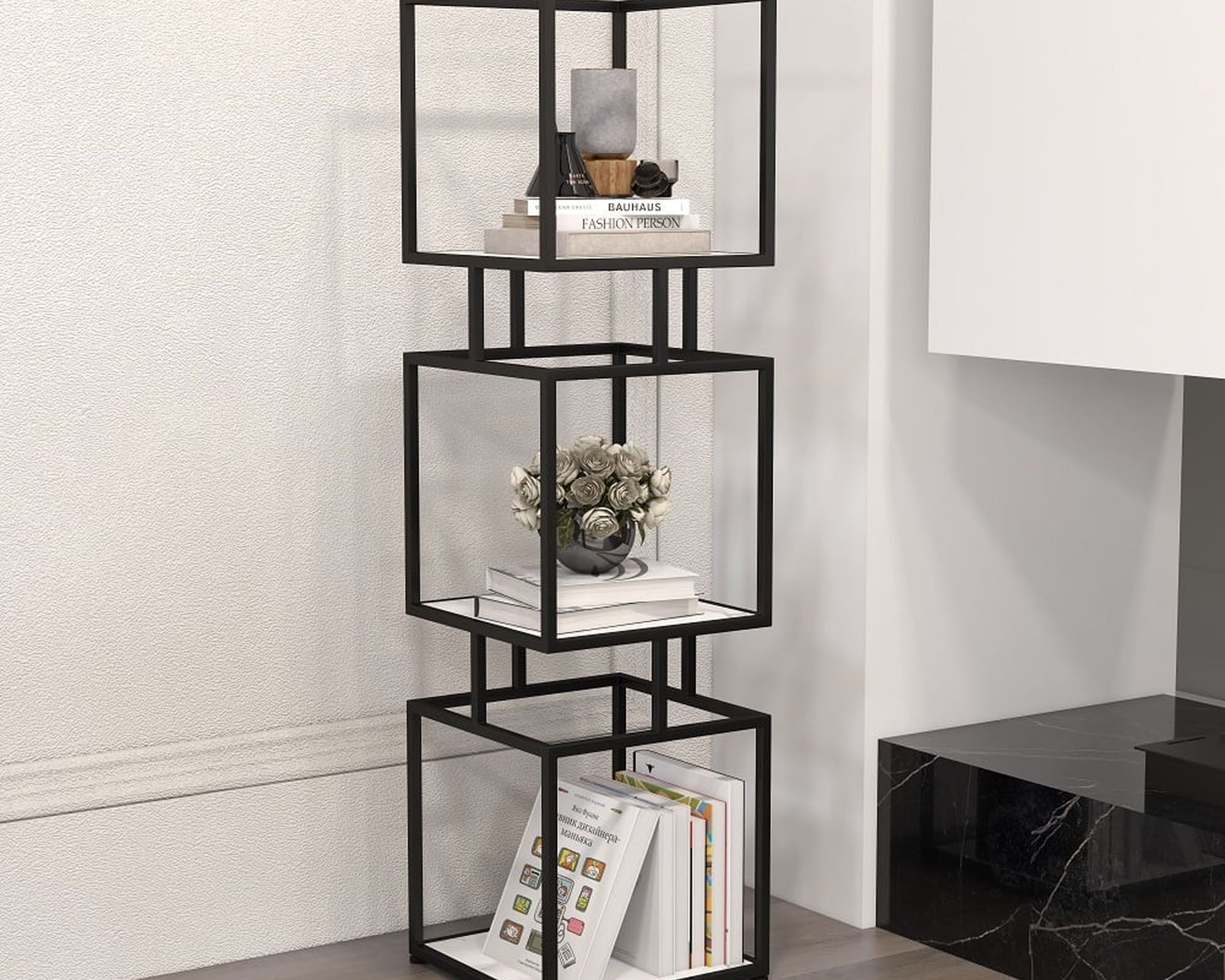 HMR Modern Cube 3-Tier Bookcase with Metal Tower Display - Black