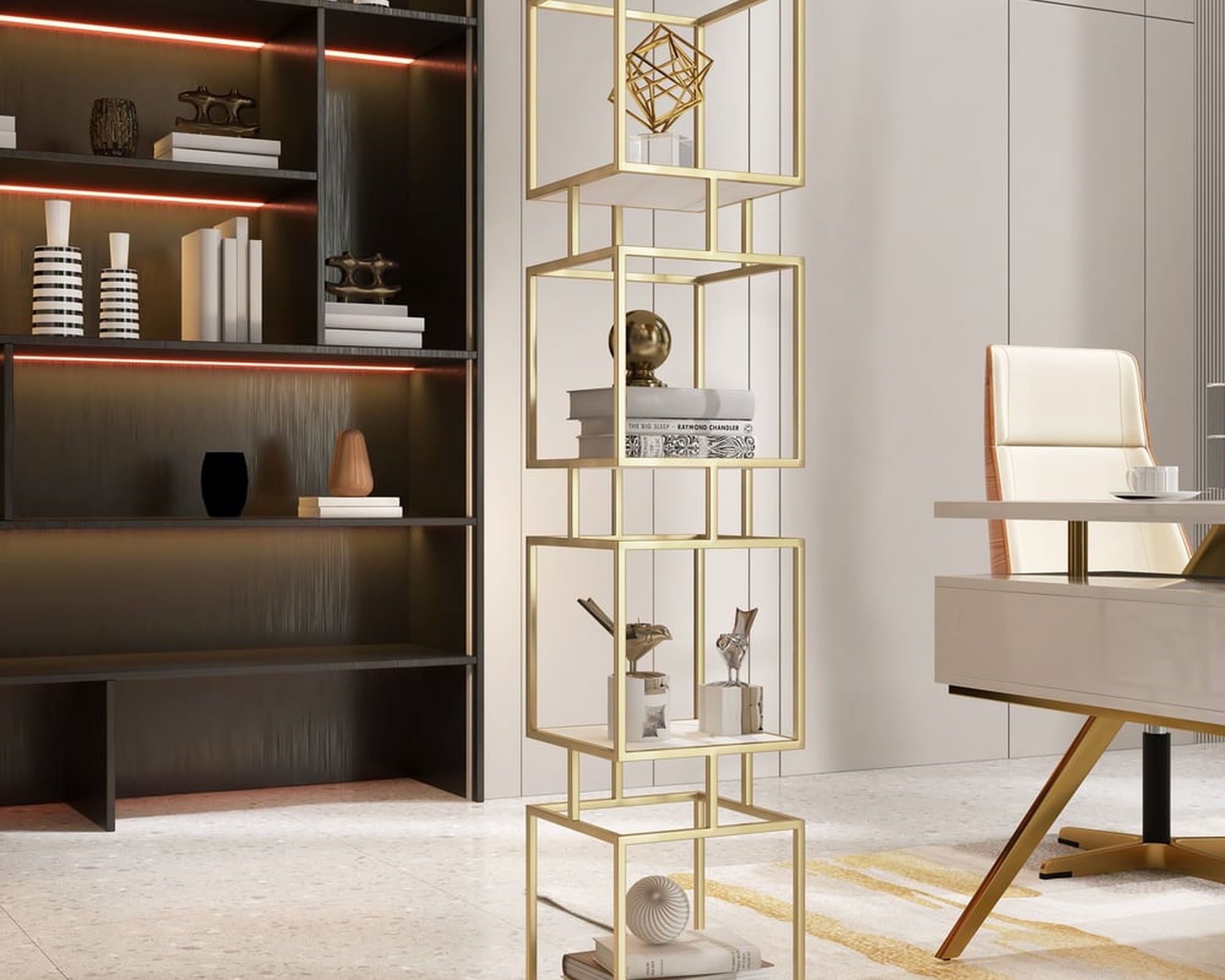 HMR Modern Cube 4-Tier Bookcase with Metal Tower Display - Gold