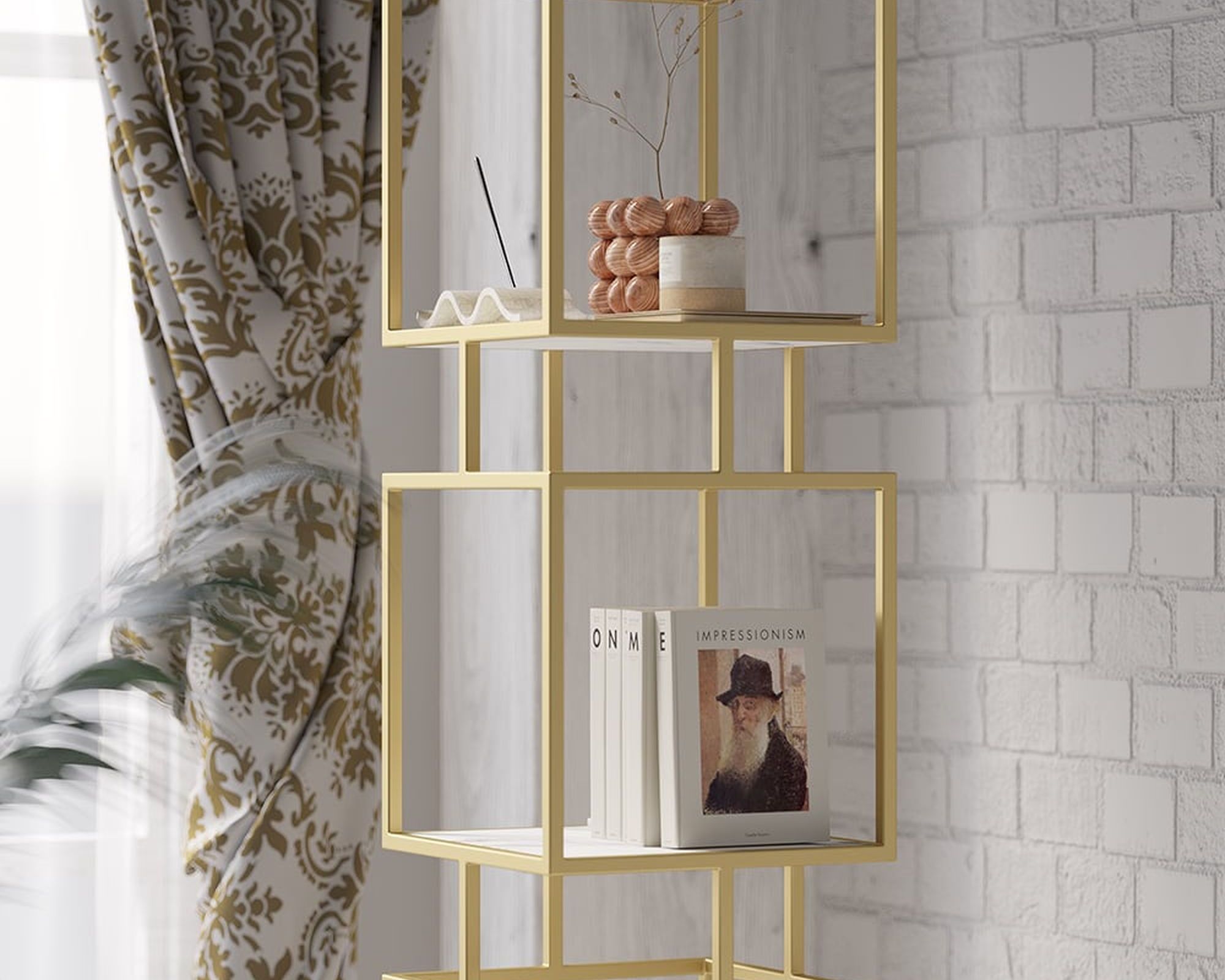 HMR Modern Cube 3-Tier Bookcase with Metal Tower Display - Gold