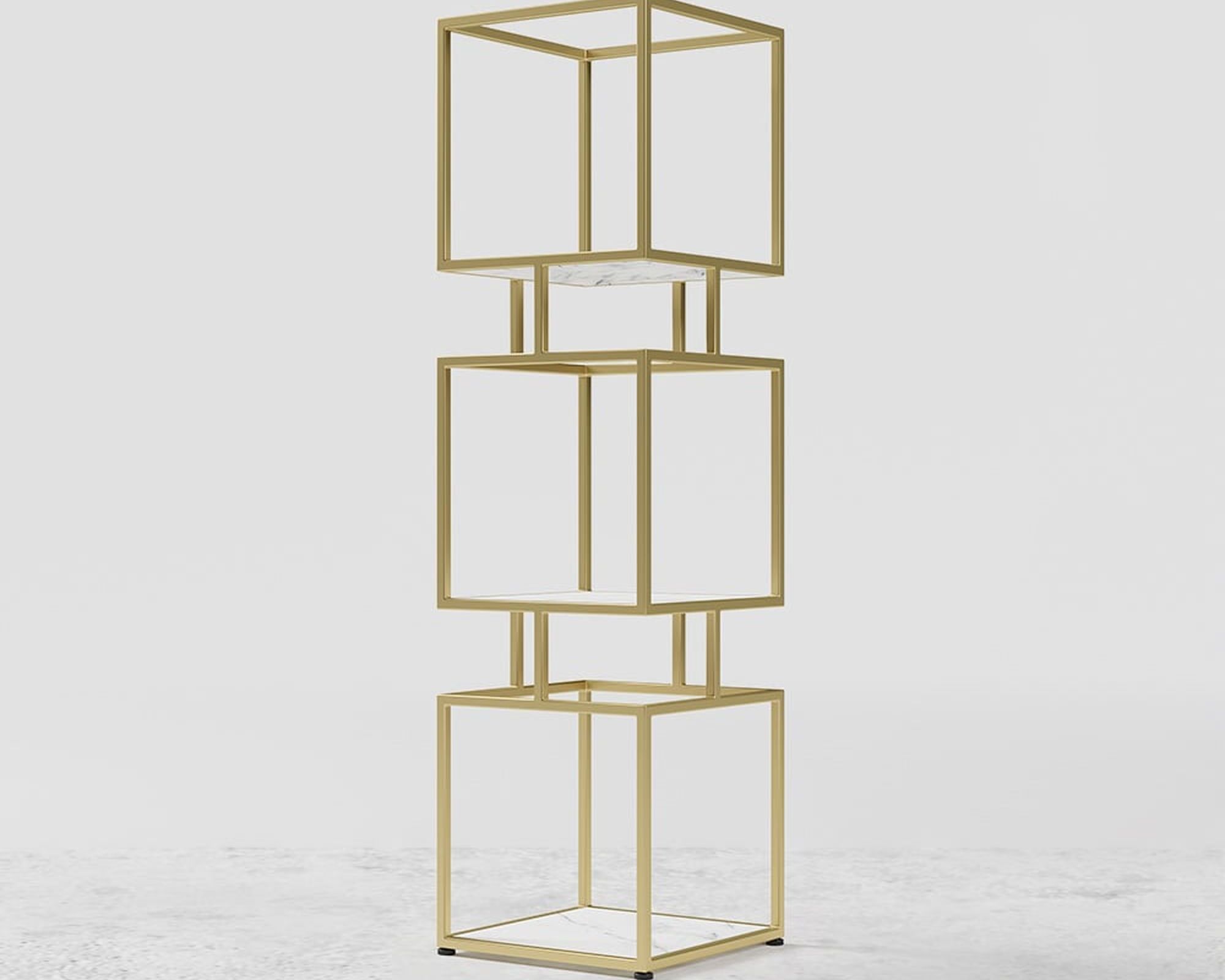 HMR Modern Cube 3-Tier Bookcase with Metal Tower Display - Gold