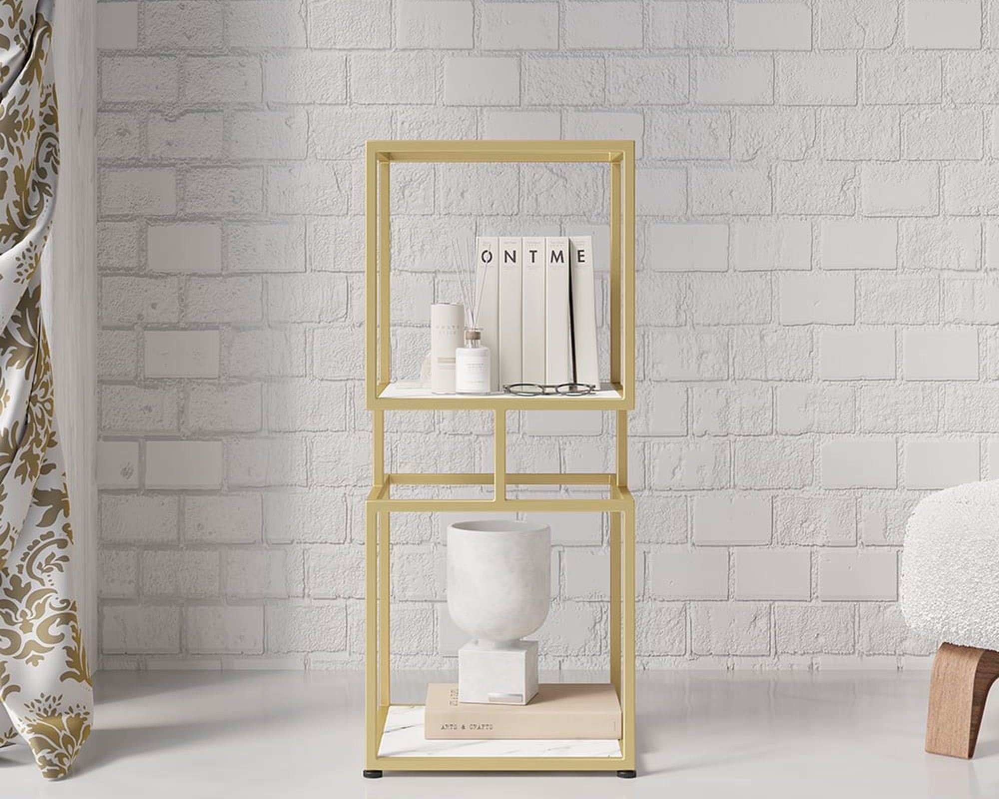 HMR Modern Cube 2-Tier Bookcase with Metal Tower Display - Gold