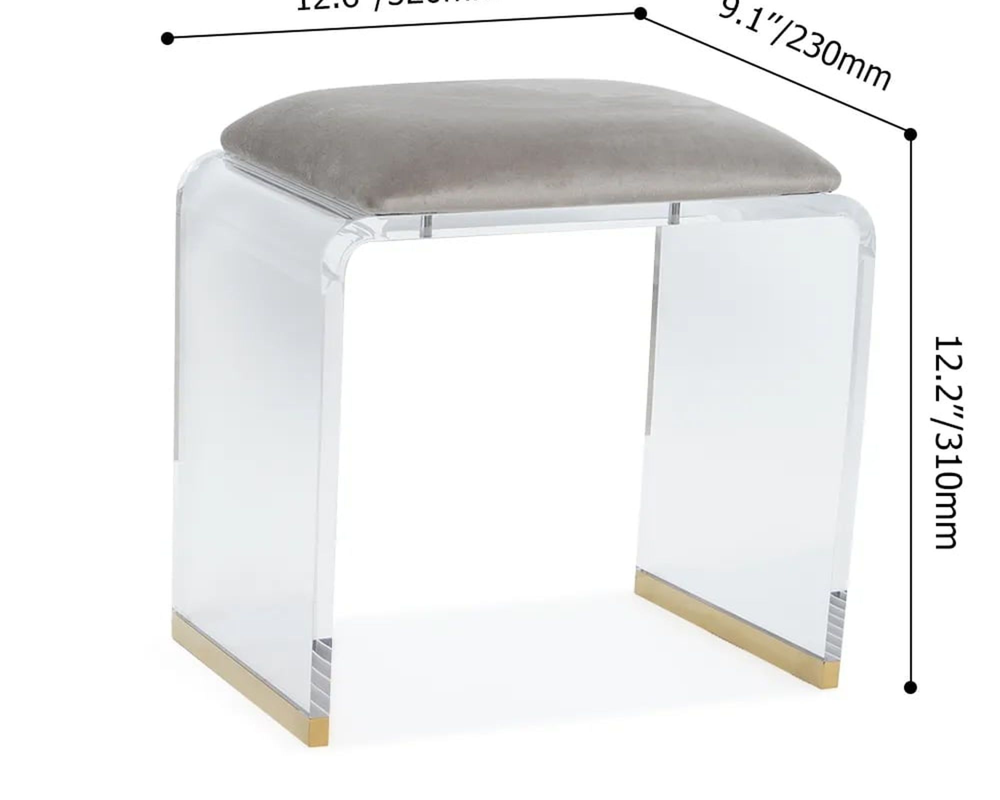 HMR Velvet Upholstered and Acrylic Frame Makeup Vanity Stool and Clear Ottoman - Gray, 12.6"W x 9.1"D x 12.2"H