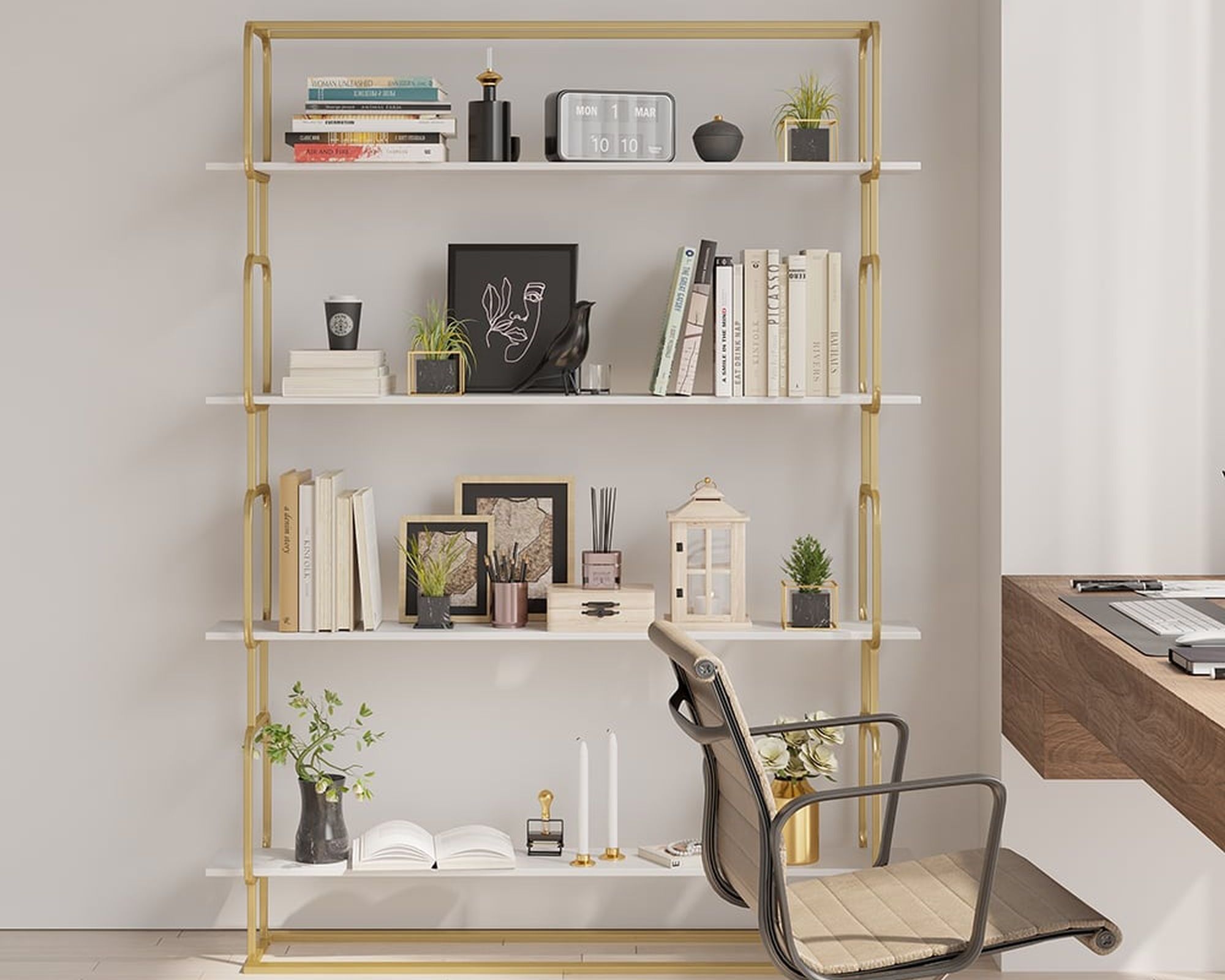 HMR Modern Freestanding 47" Etagere Bookcase - White/Gold