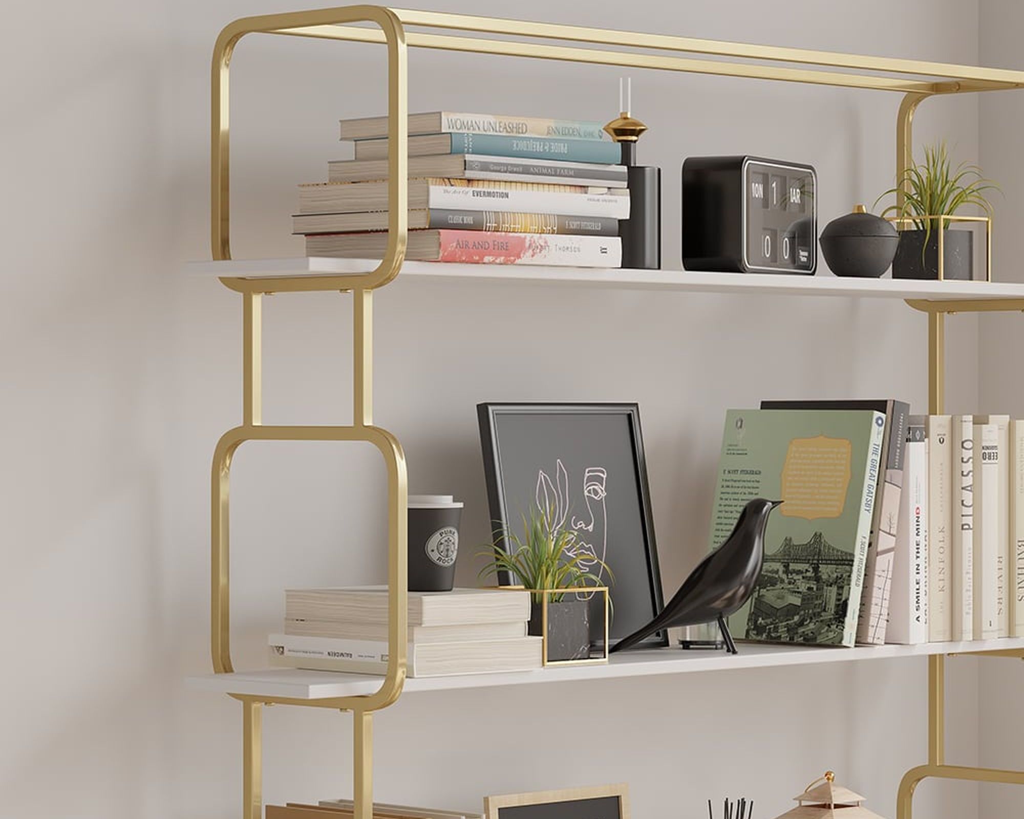 HMR Modern Freestanding 47" Etagere Bookcase - White/Gold