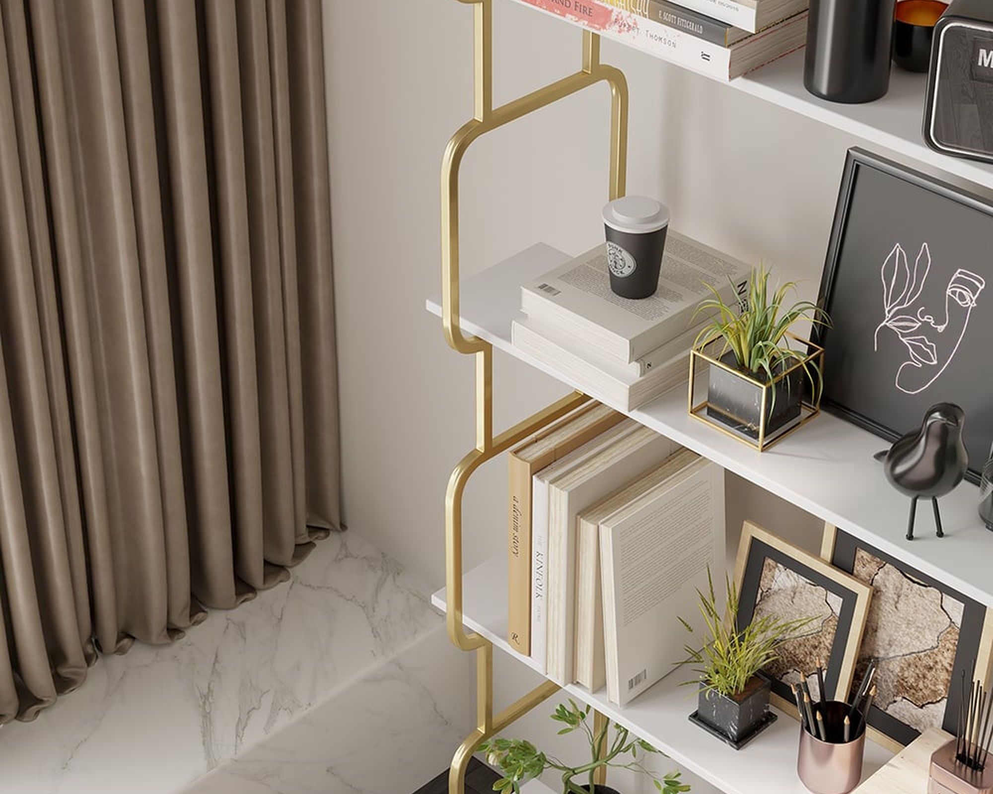 HMR Modern Freestanding 47" Etagere Bookcase - White/Gold